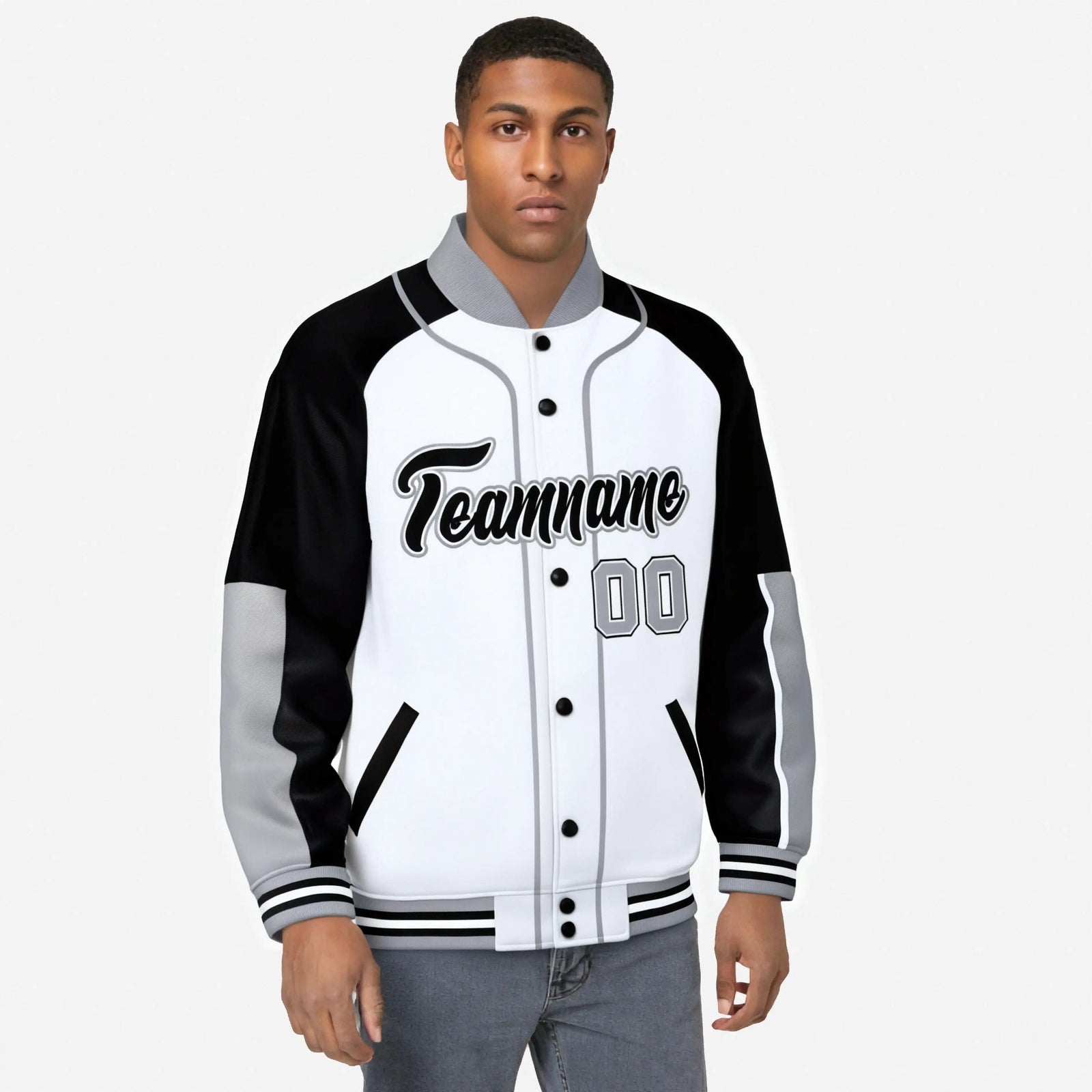 Custom White Black-Gray Varsity Full-Snap Color Block Letterman Jacket