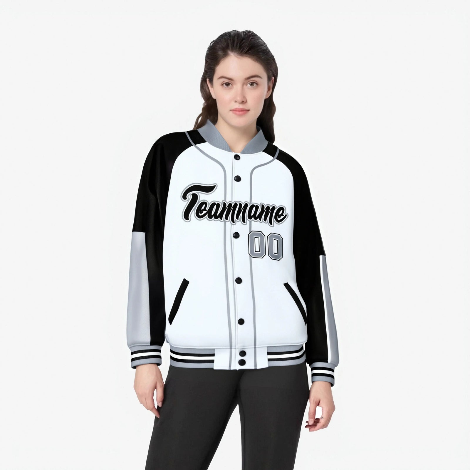 Custom White Black-Gray Varsity Full-Snap Color Block Letterman Jacket