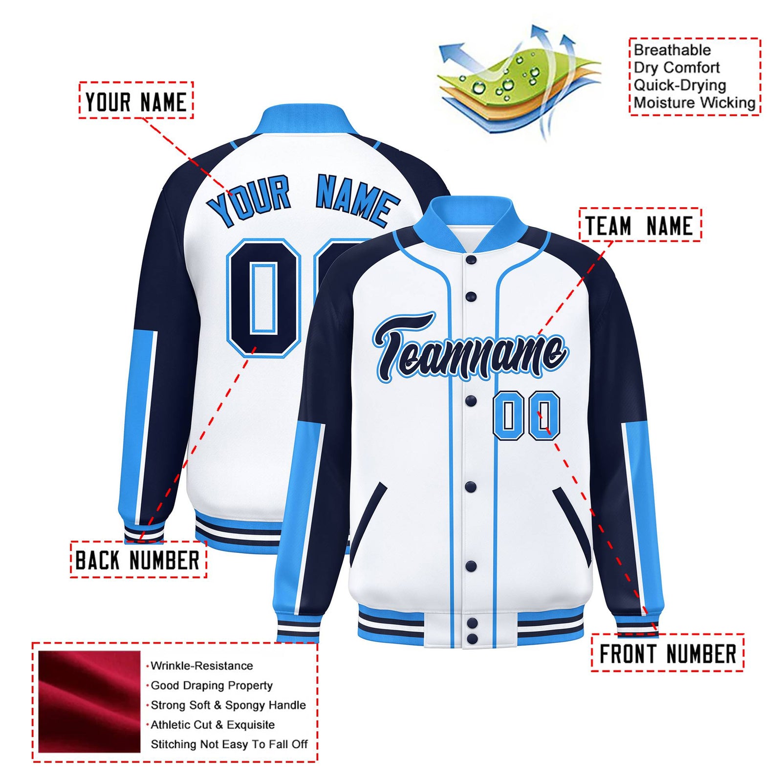 Custom White Navy-Powder Blue Varsity Full-Snap Color Block Letterman Jacket