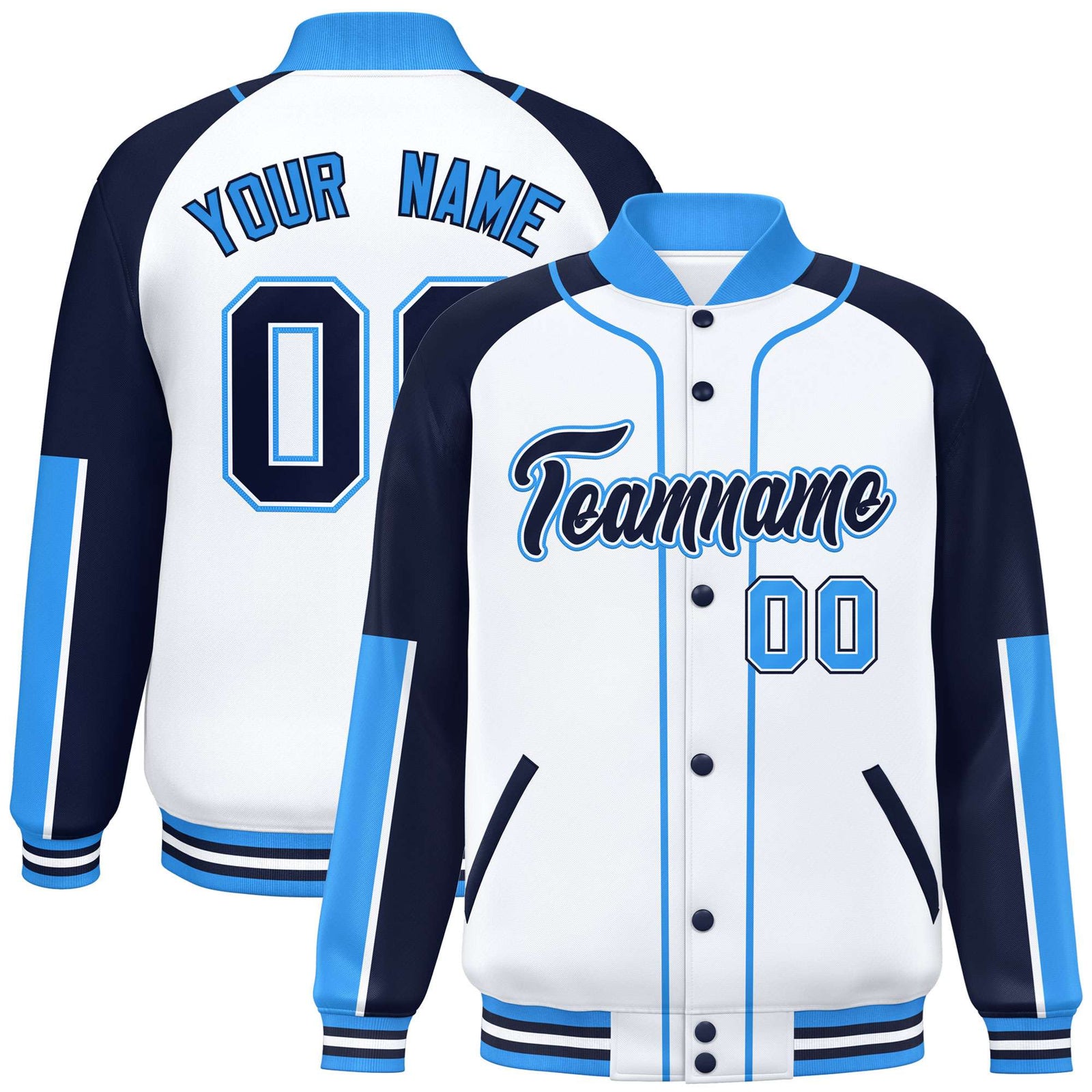 Custom White Navy-Powder Blue Varsity Full-Snap Color Block Letterman Jacket