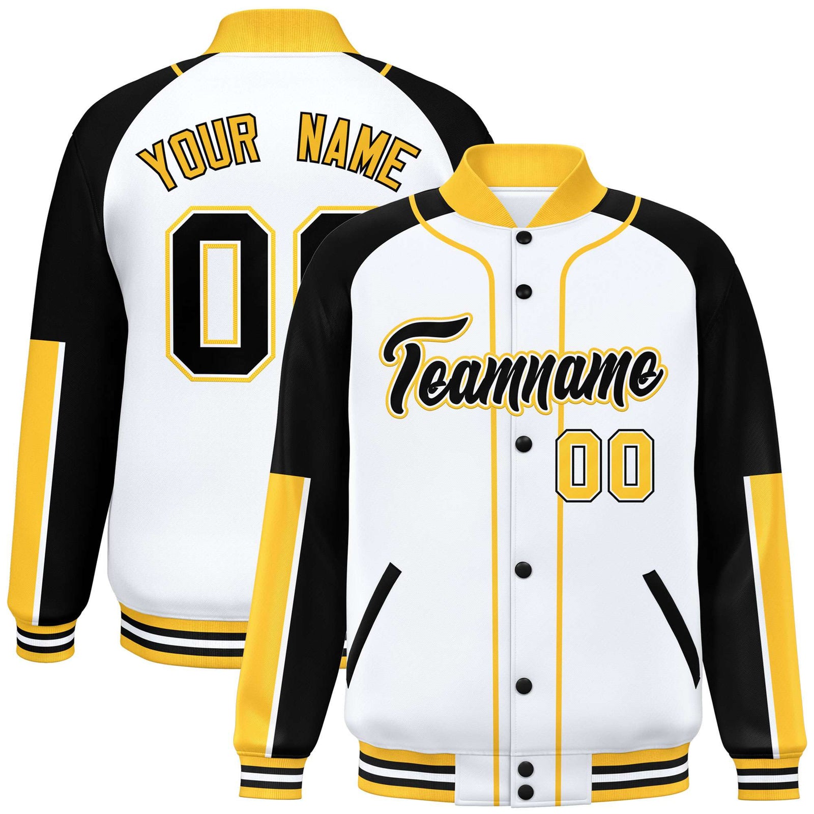 Custom White Black-Gold Varsity Full-Snap Color Block Letterman Jacket