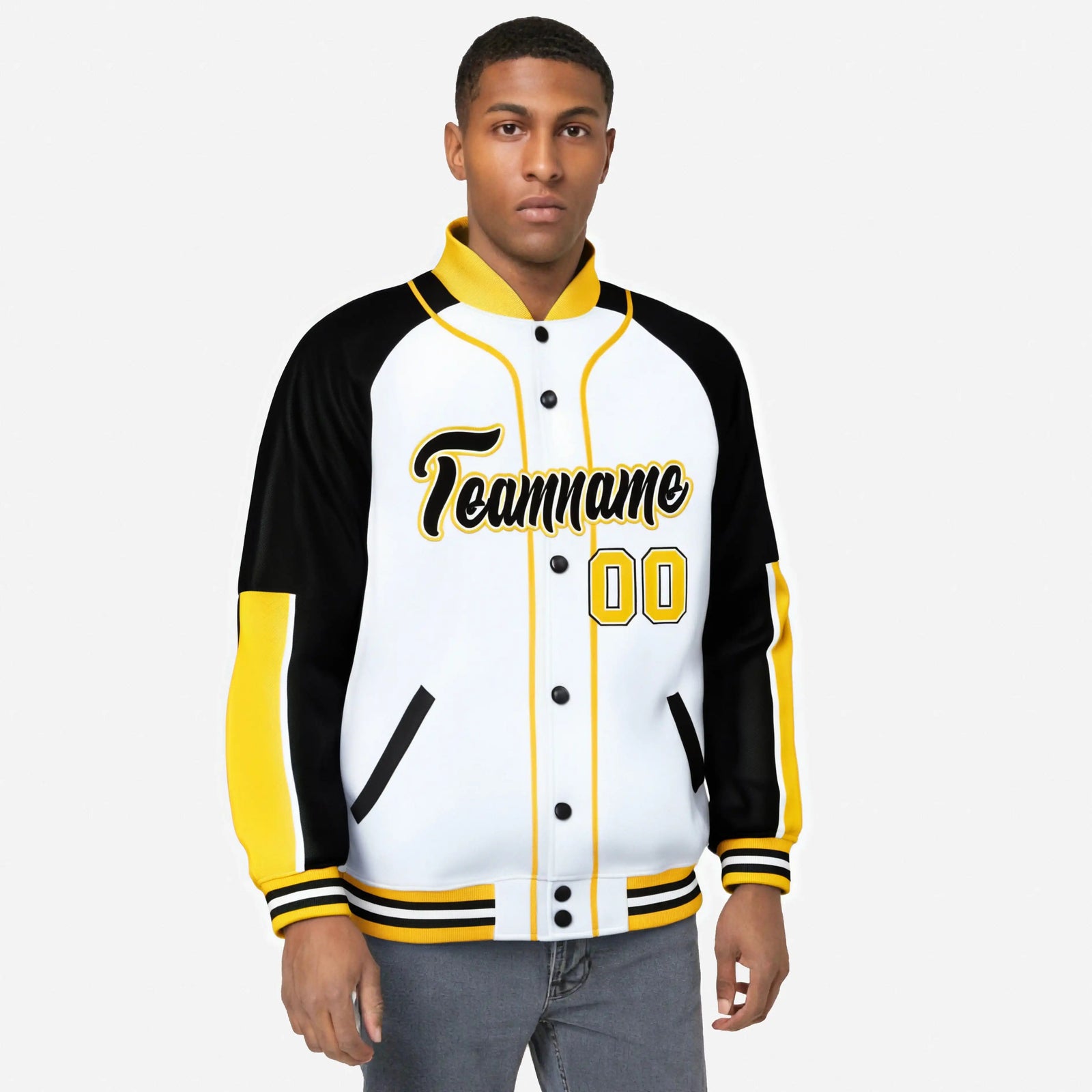 Custom White Black-Gold Varsity Full-Snap Color Block Letterman Jacket