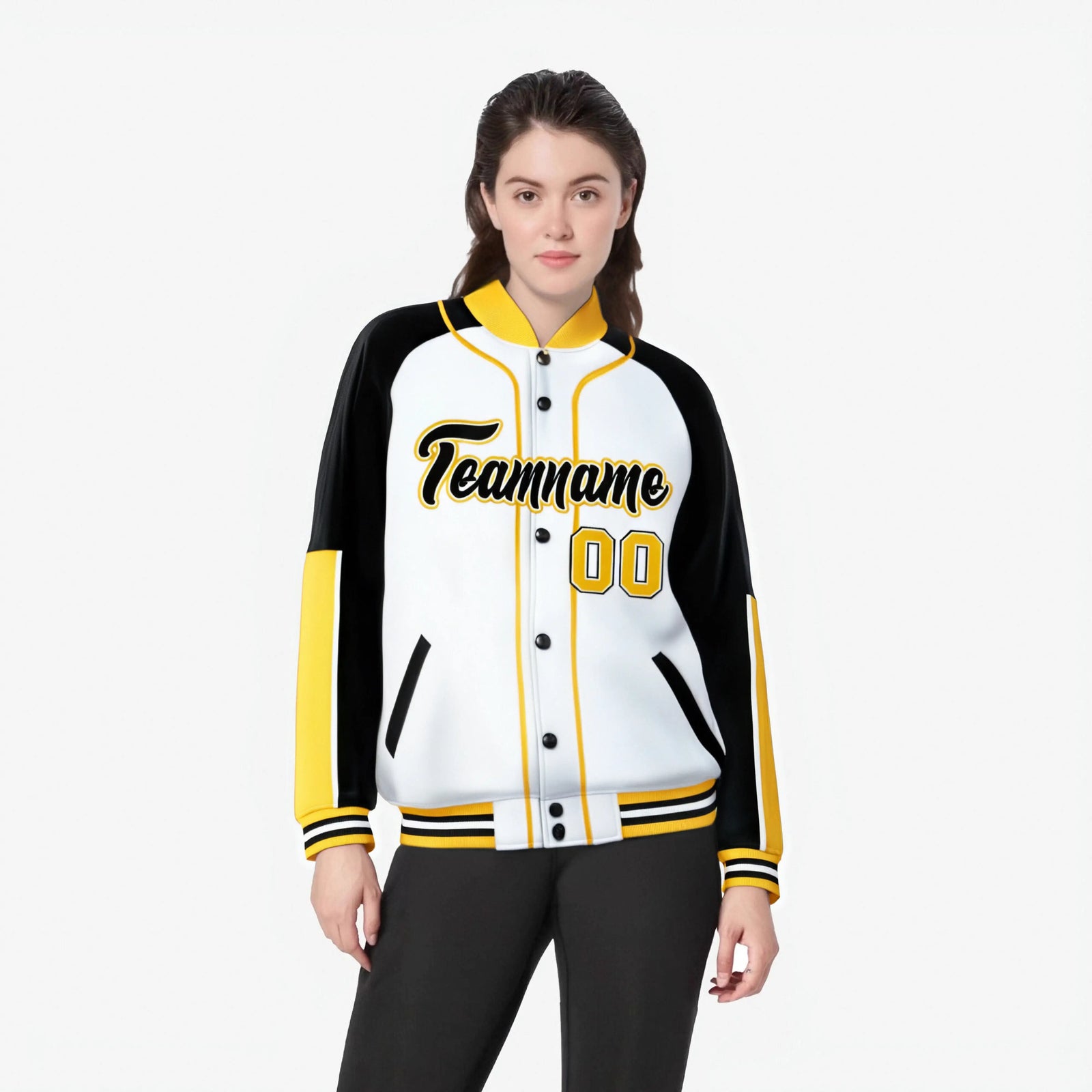 Custom White Black-Gold Varsity Full-Snap Color Block Letterman Jacket