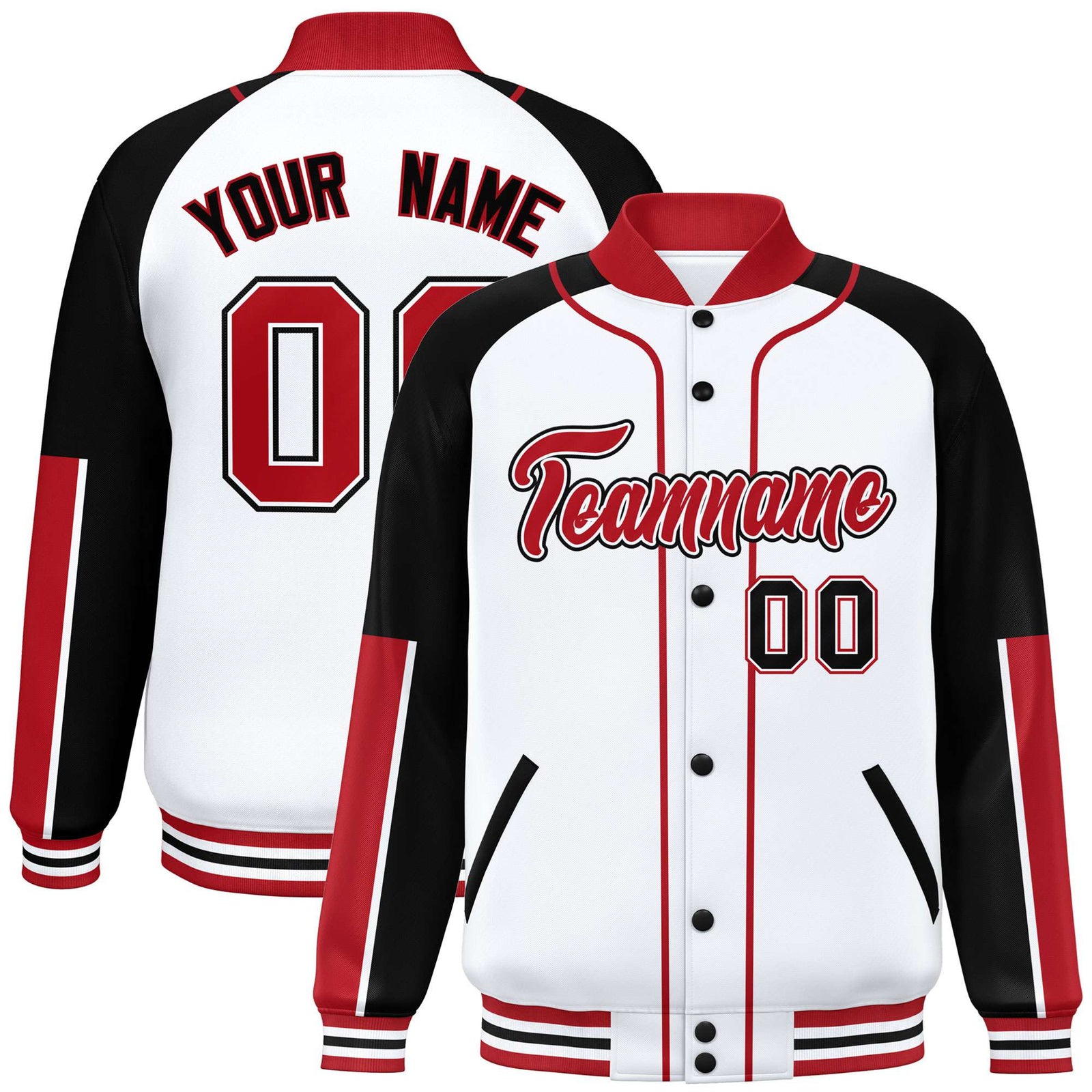 Custom White Black-Red Varsity Full-Snap Color Block Letterman Jacket