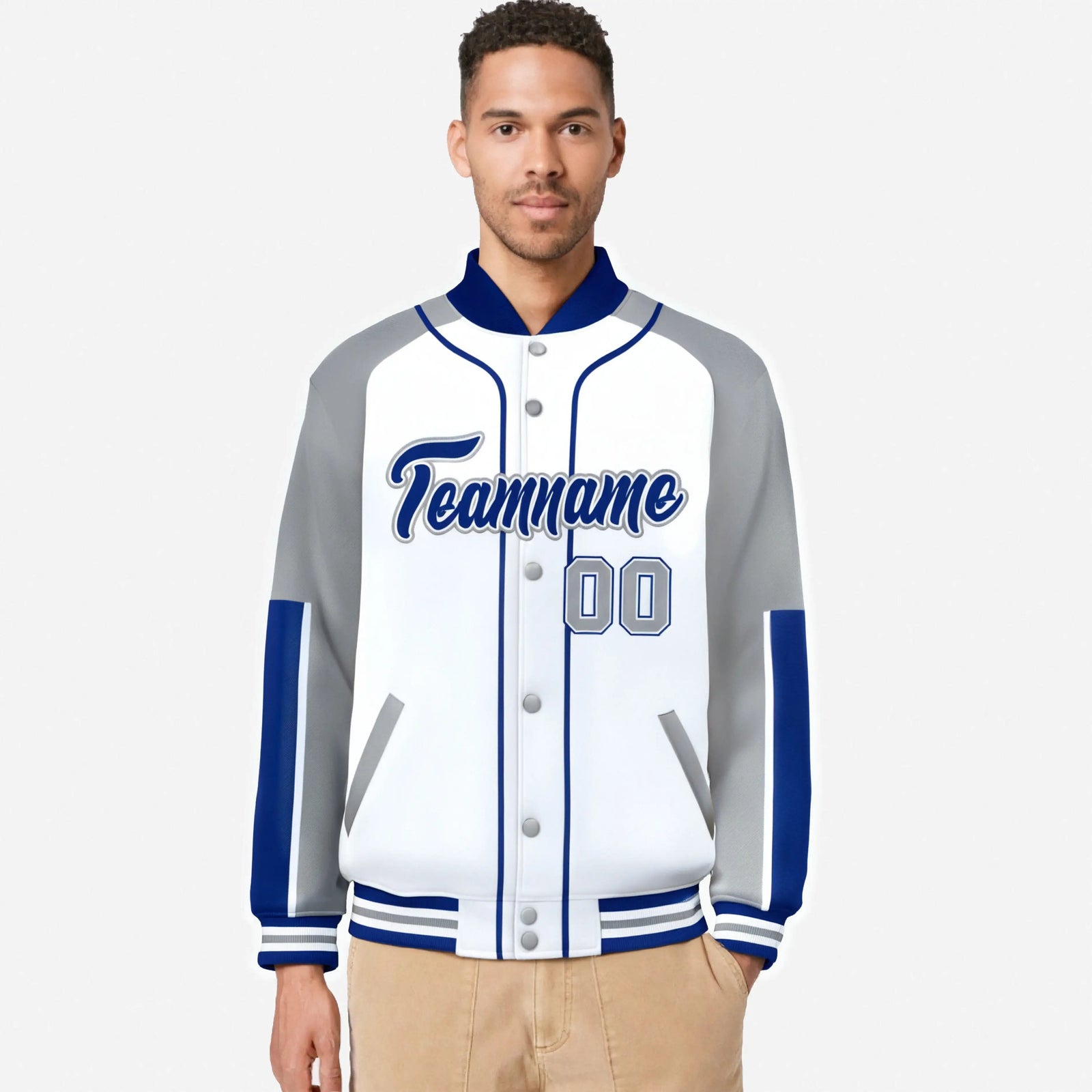 Custom White Gray-Royal Blue Varsity Full-Snap Color Block Letterman Jacket
