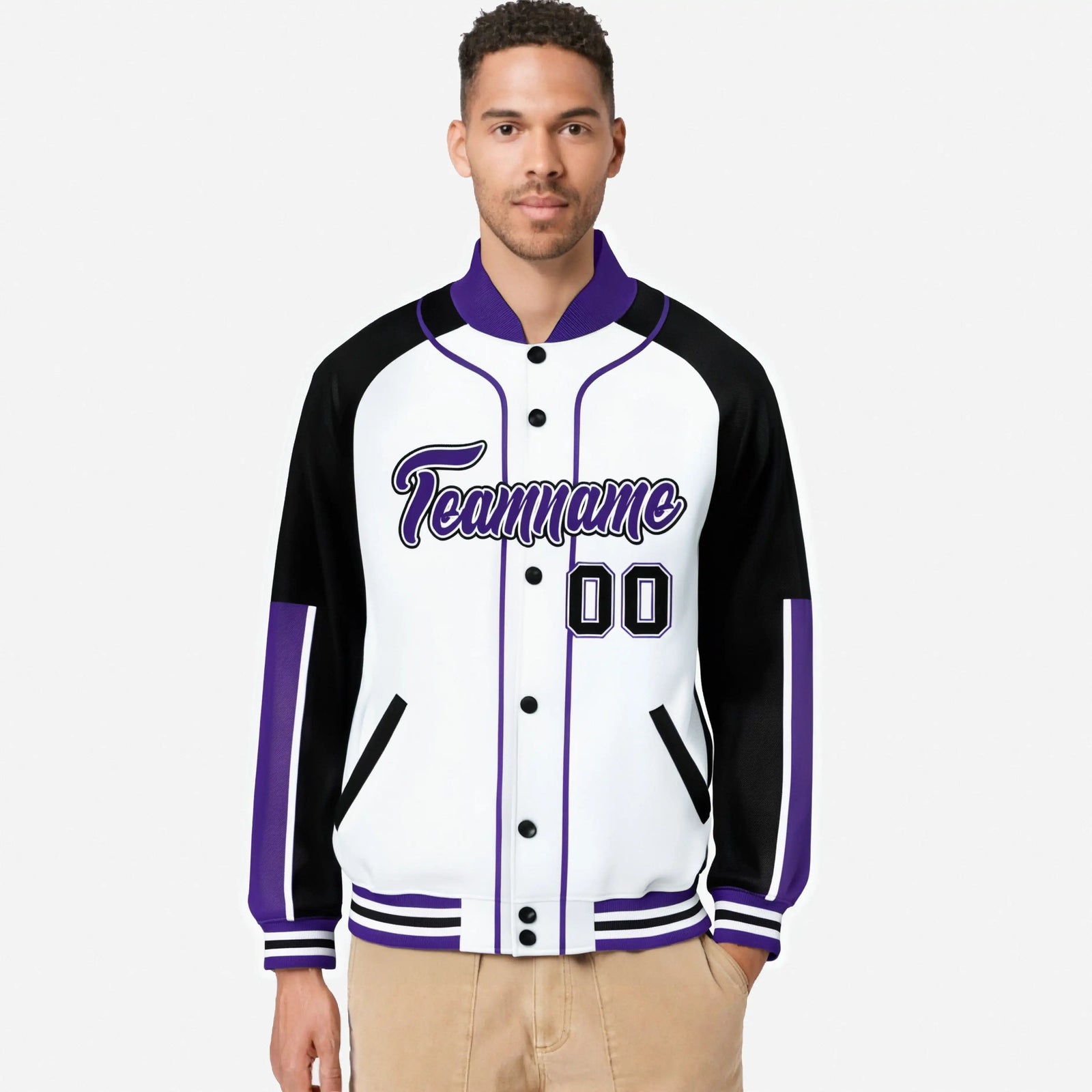 Custom White Black-Purple Varsity Full-Snap Color Block Letterman Jacket