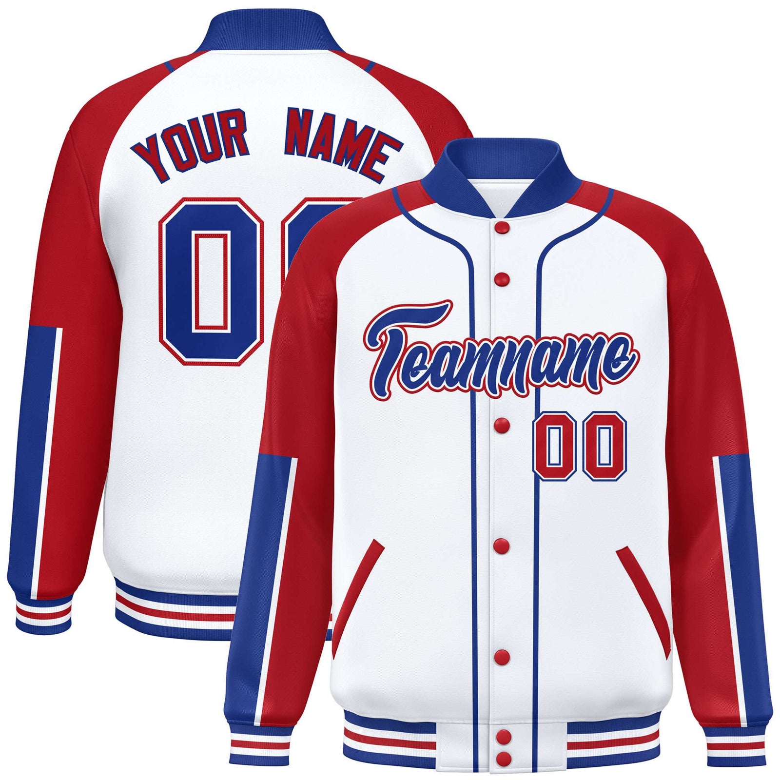 Custom White Red-Royal Blue Varsity Full-Snap Color Block Letterman Jacket