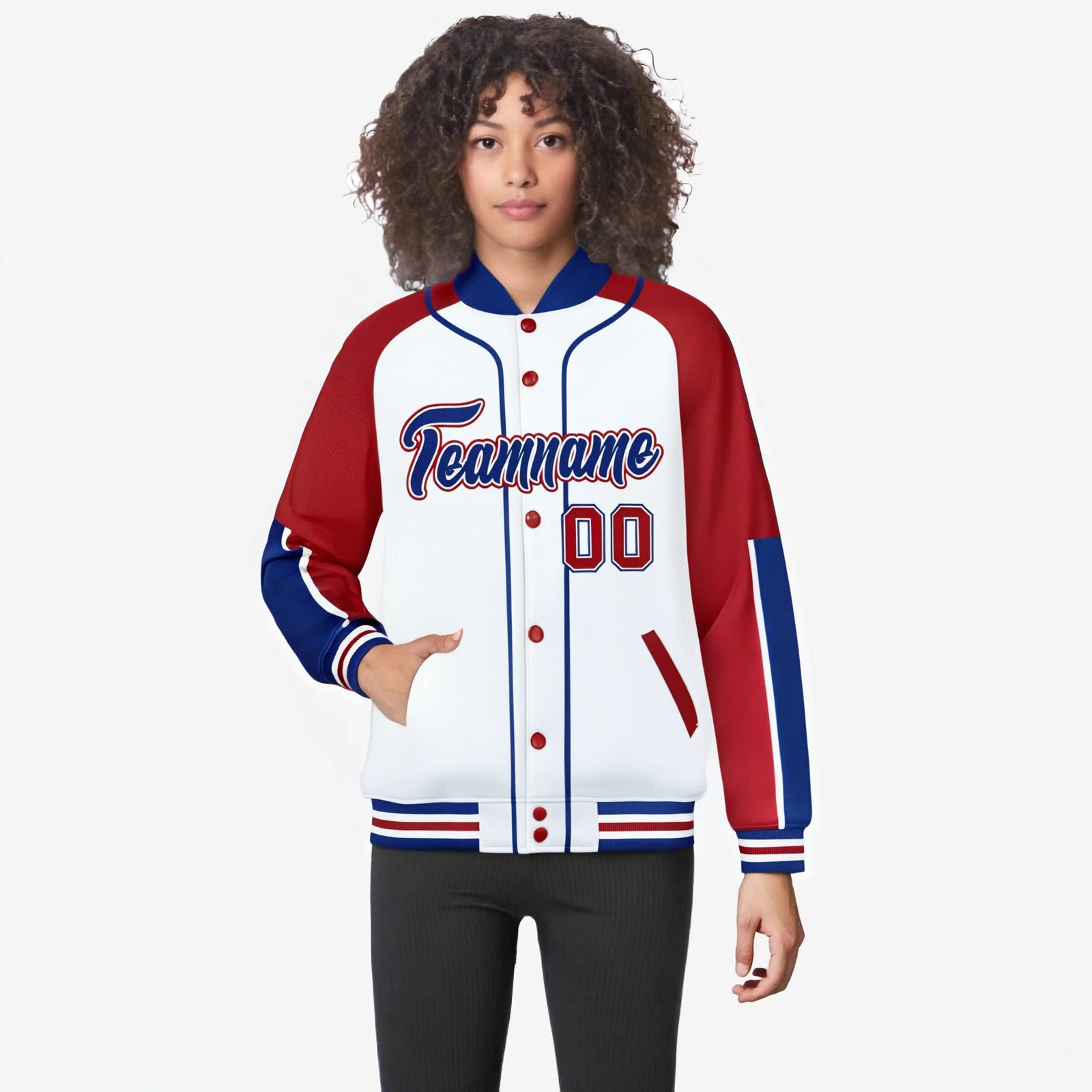 Custom White Red-Royal Blue Varsity Full-Snap Color Block Letterman Jacket