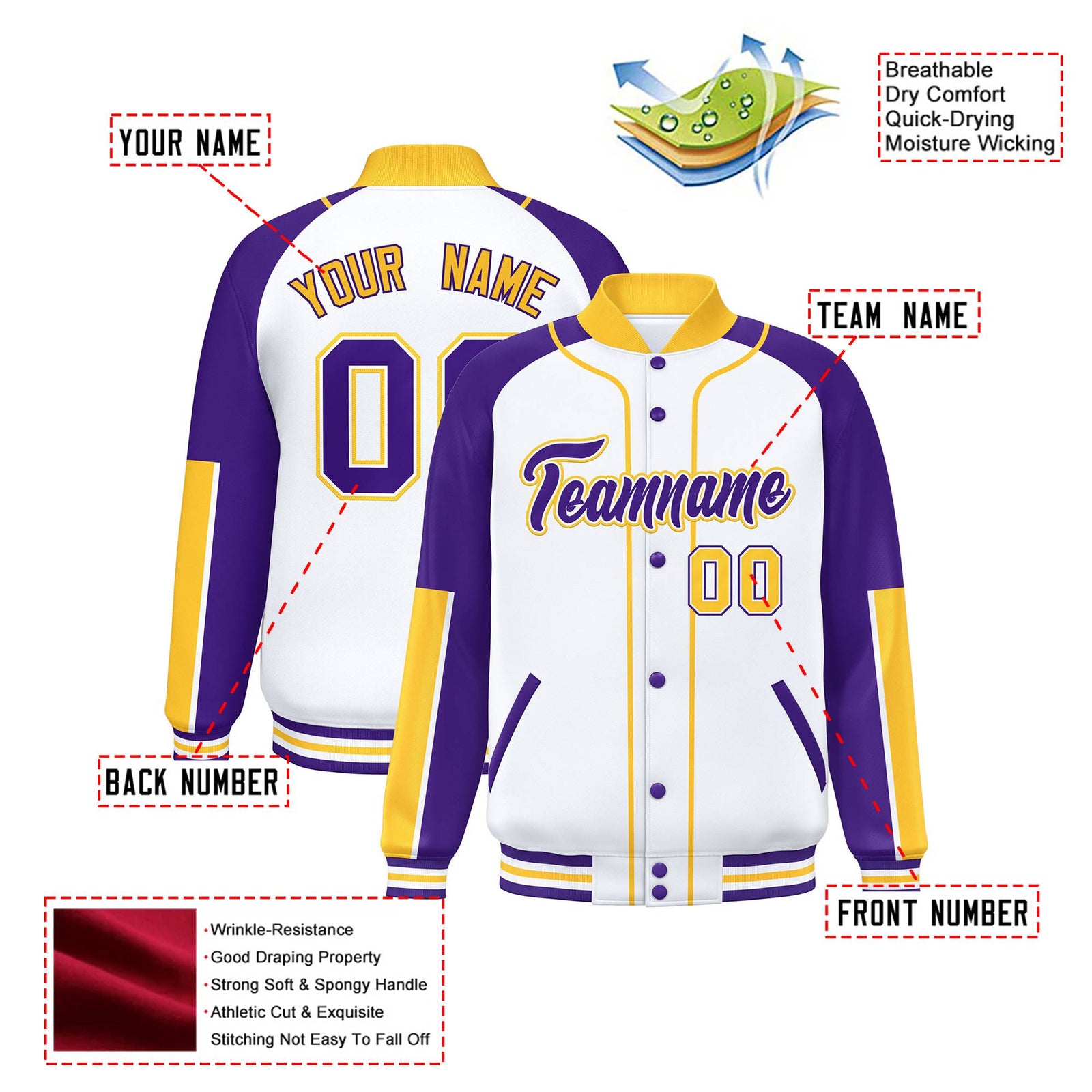 Custom White Purple-Gold Varsity Full-Snap Color Block Letterman Jacket