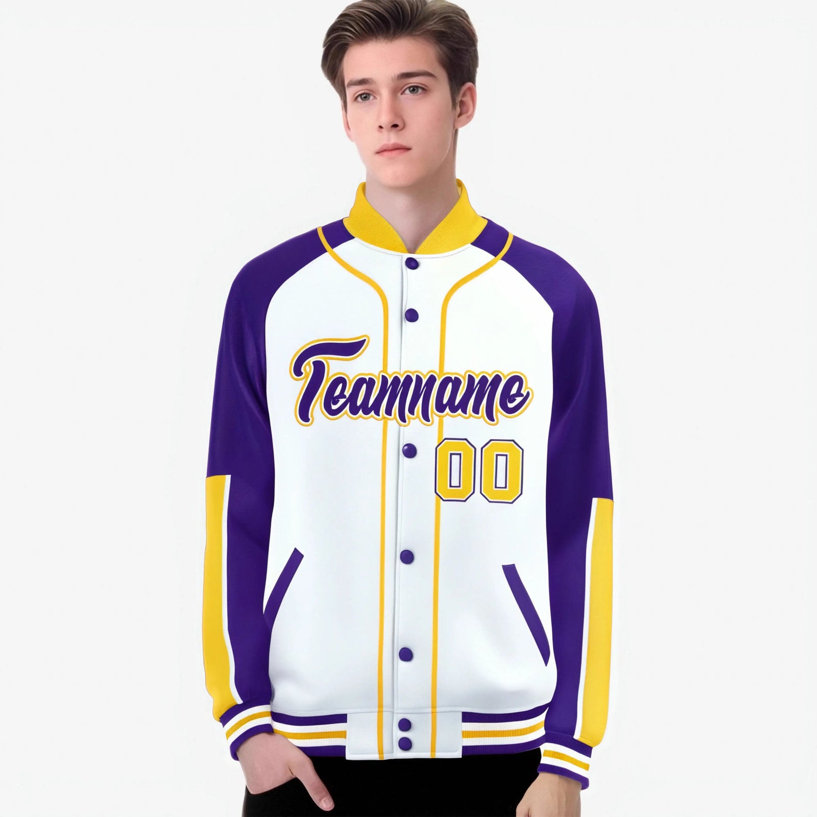 Custom White Purple-Gold Varsity Full-Snap Color Block Letterman Jacket