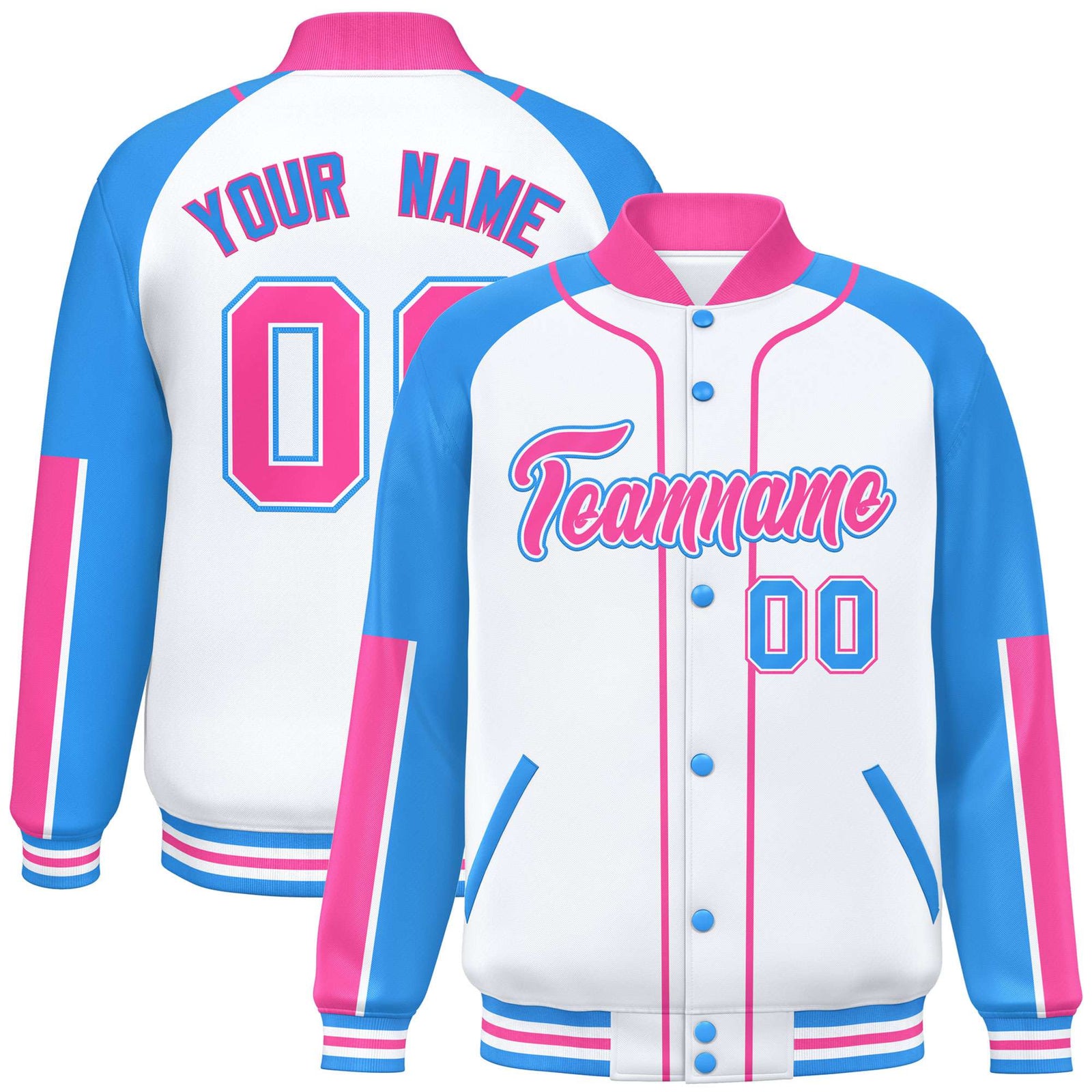 Custom White Powder Blue-Pink Varsity Full-Snap Color Block Letterman Jacket