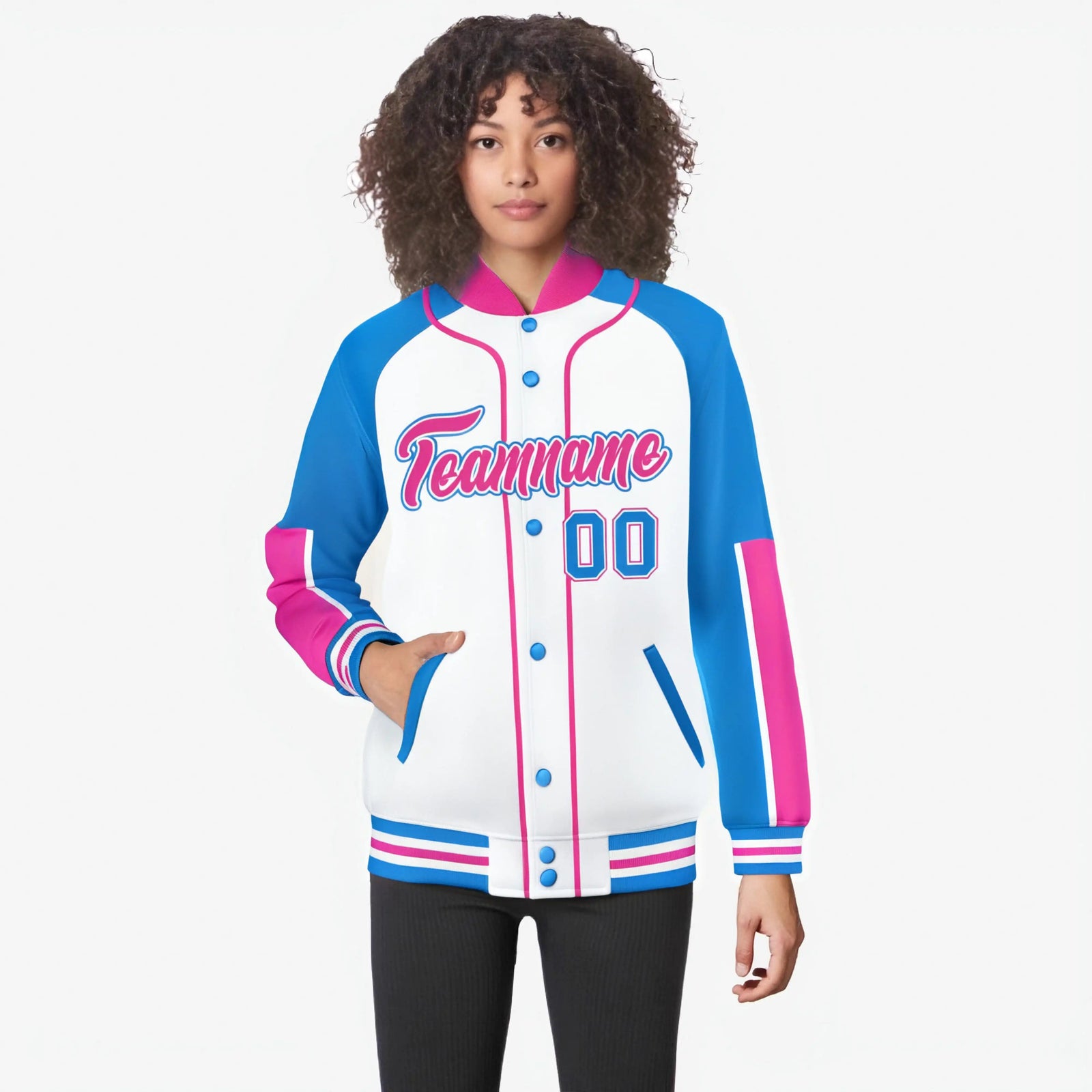 Custom White Powder Blue-Pink Varsity Full-Snap Color Block Letterman Jacket