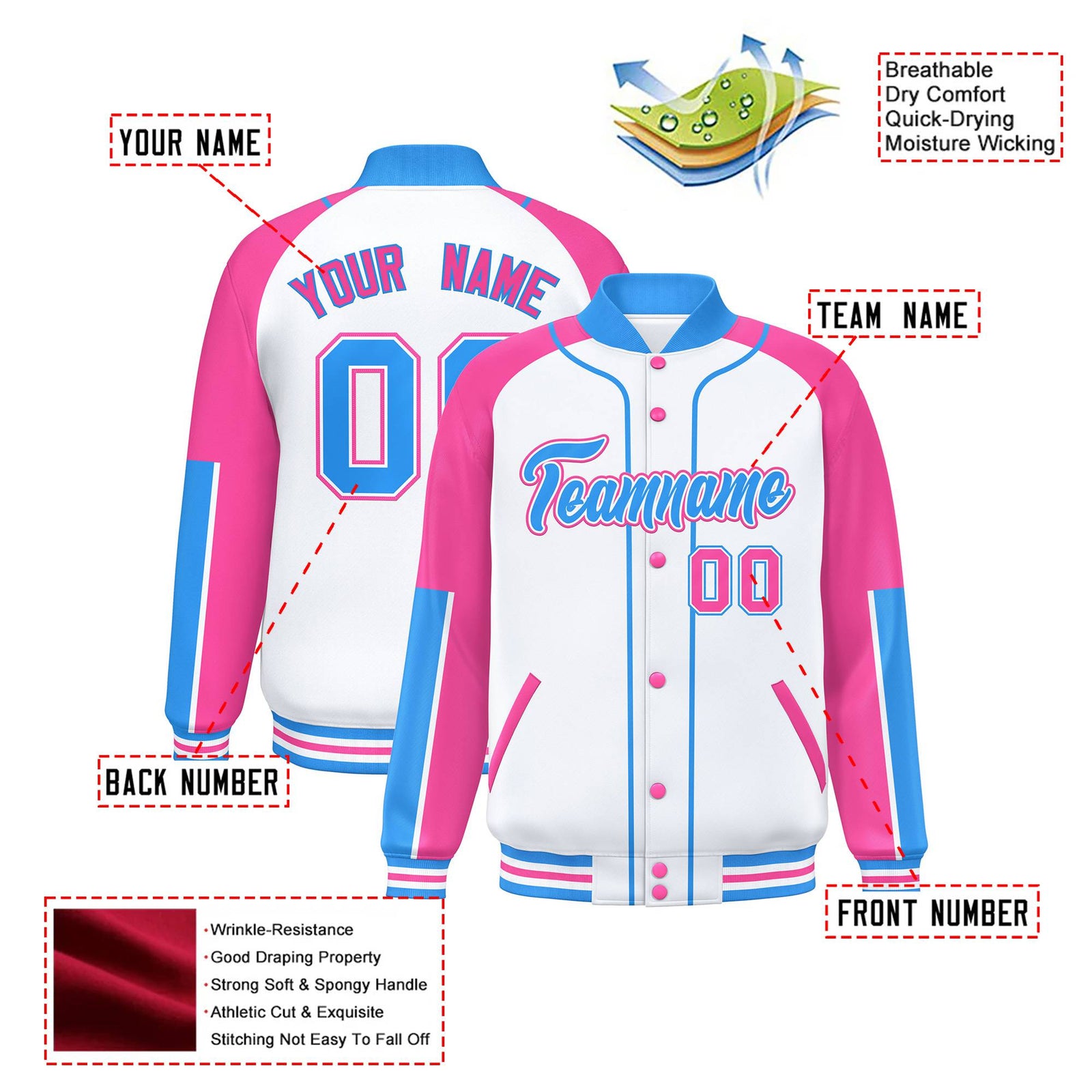 Custom White Pink-Powder Blue Varsity Full-Snap Color Block Letterman Jacket