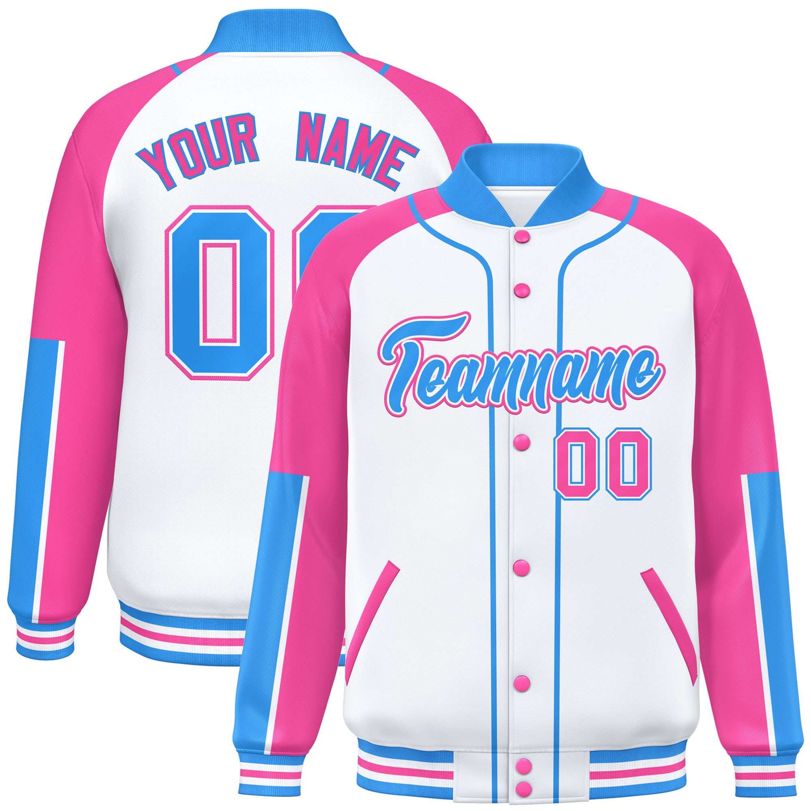 Custom White Pink-Powder Blue Varsity Full-Snap Color Block Letterman Jacket