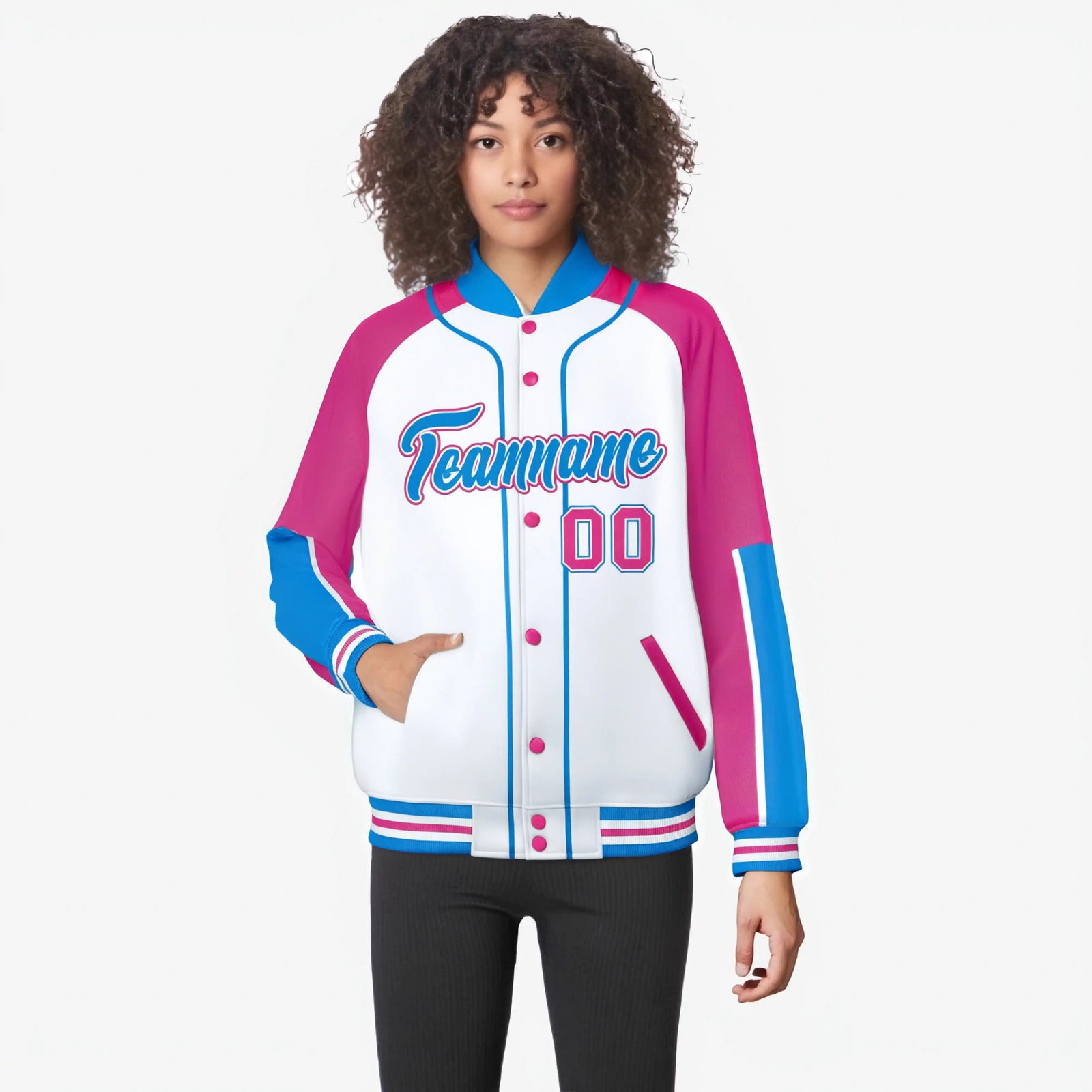 Custom White Pink-Powder Blue Varsity Full-Snap Color Block Letterman Jacket