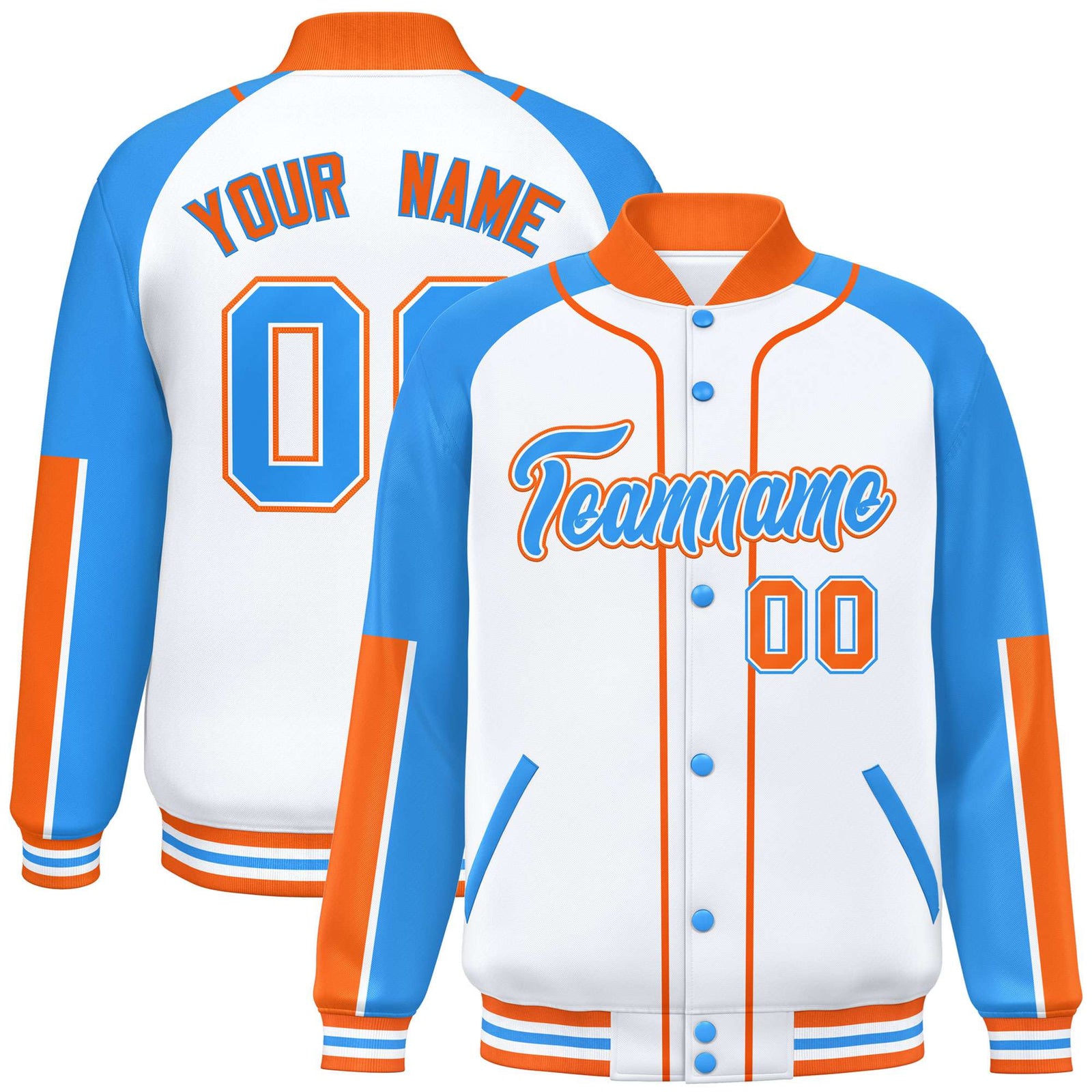 Custom White Powder Blue-Orange Varsity Full-Snap Color Block Letterman Jacket