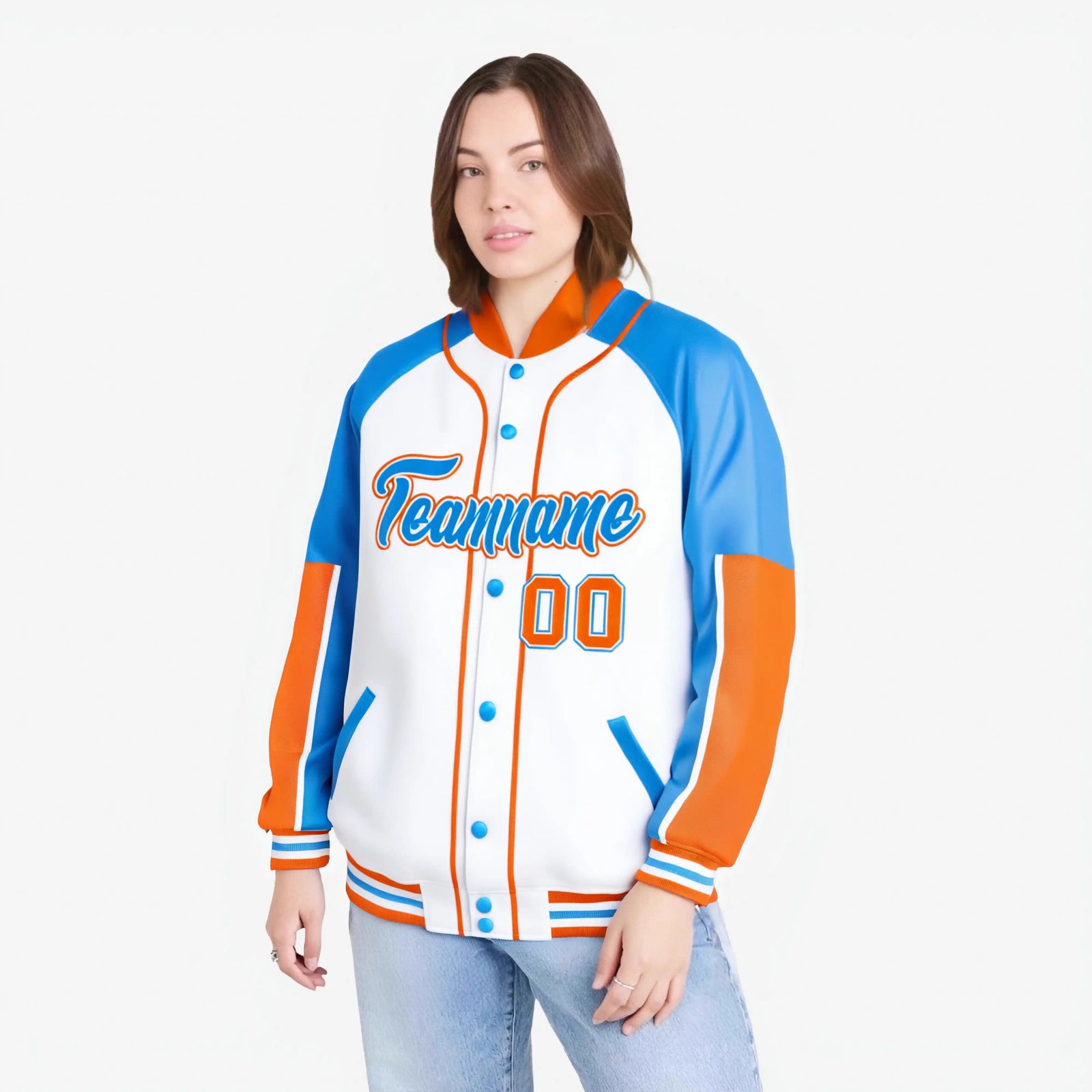 Custom White Powder Blue-Orange Varsity Full-Snap Color Block Letterman Jacket