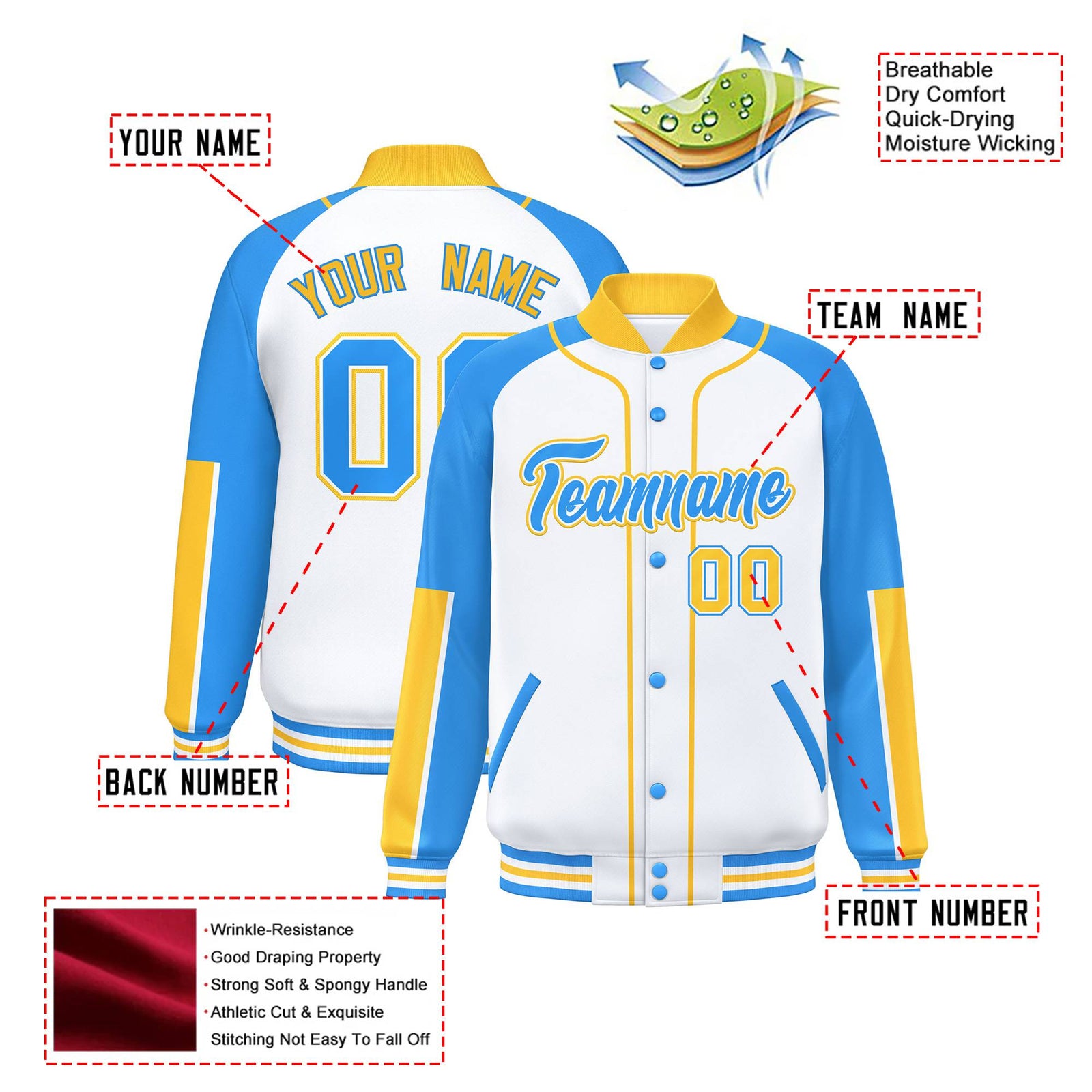 Custom White Powder Blue-Gold Varsity Full-Snap Color Block Letterman Jacket