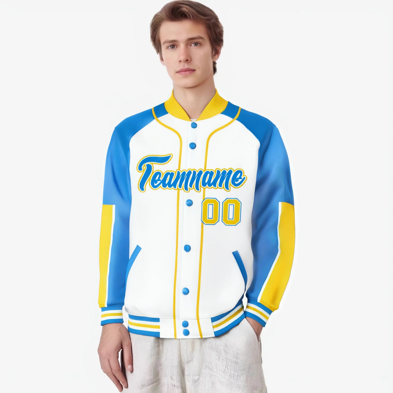 Custom White Powder Blue-Gold Varsity Full-Snap Color Block Letterman Jacket