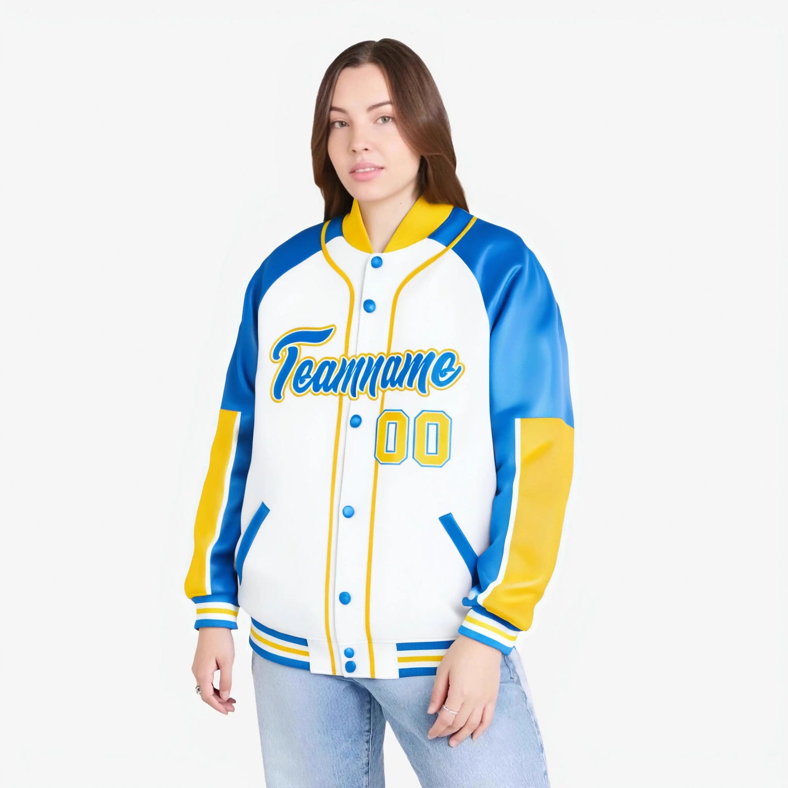 Custom White Powder Blue-Gold Varsity Full-Snap Color Block Letterman Jacket