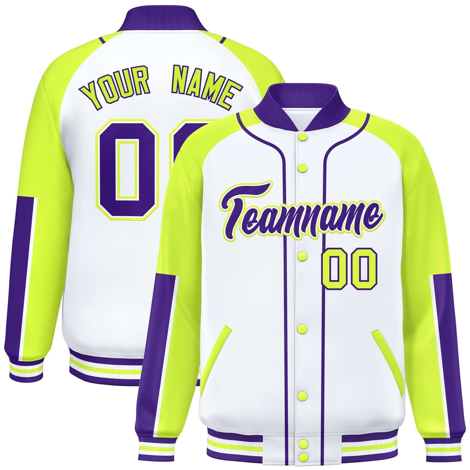 Custom White Fluorescent Green-Purple Varsity Full-Snap Color Block Letterman Jacket
