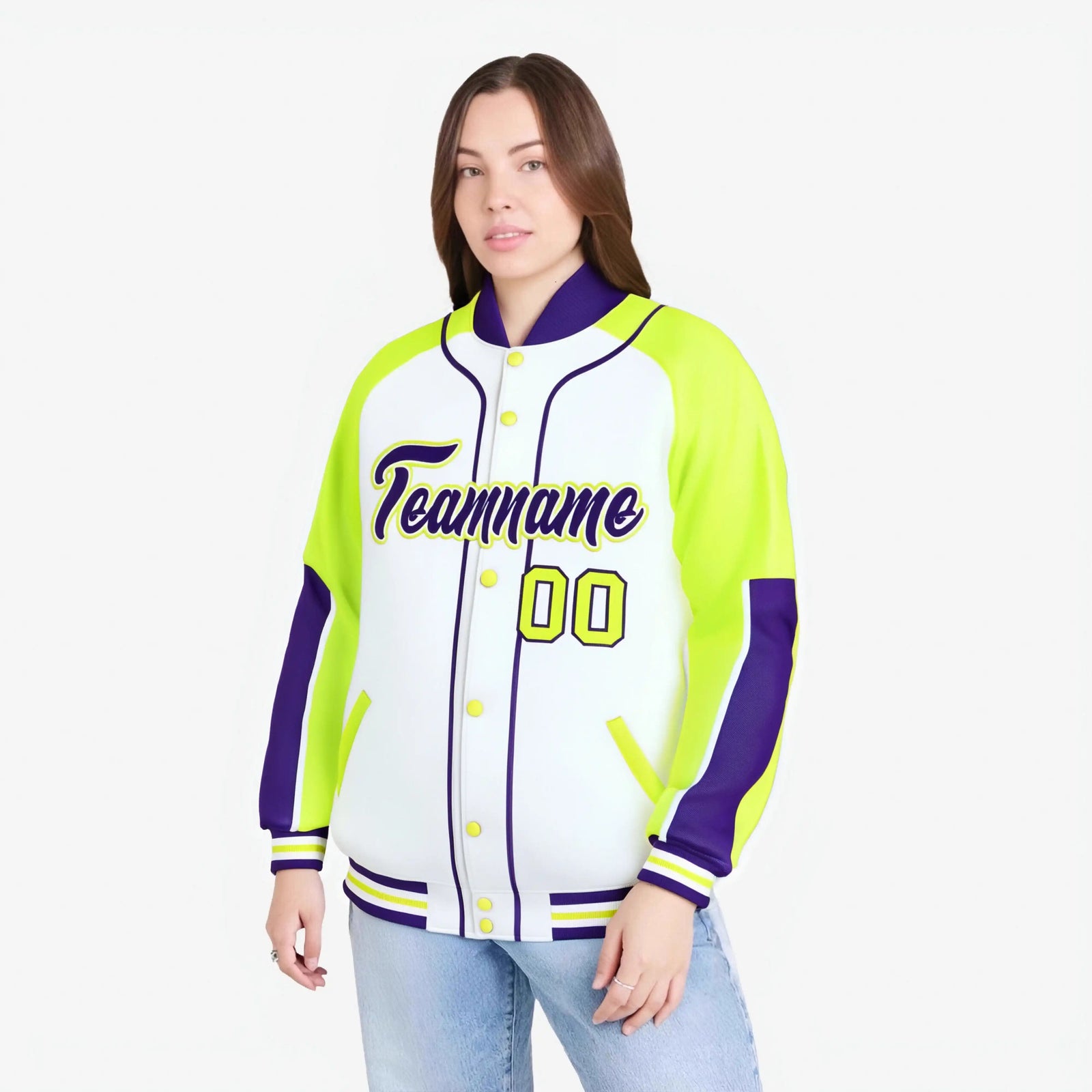 Custom White Fluorescent Green-Purple Varsity Full-Snap Color Block Letterman Jacket