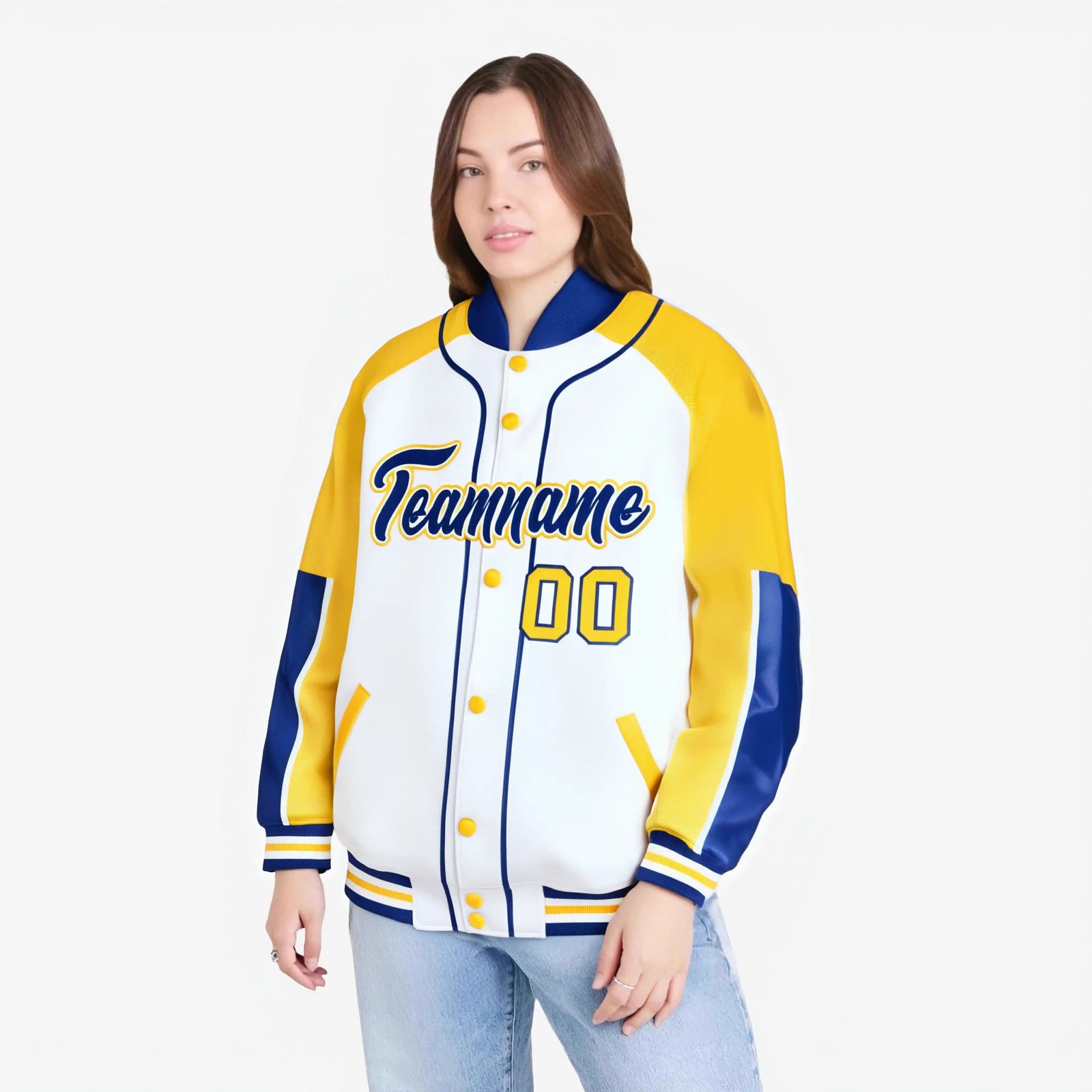 Custom White Gold-Royal Blue Varsity Full-Snap Color Block Letterman Jacket