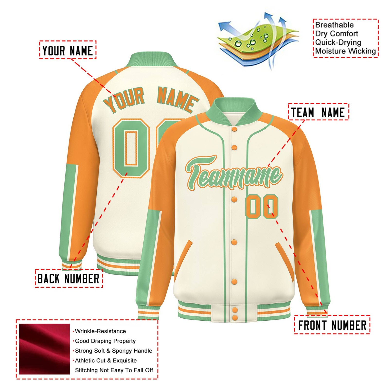 Custom Cream Yellow-Bright green Varsity Full-Snap Color Block Letterman Jacket