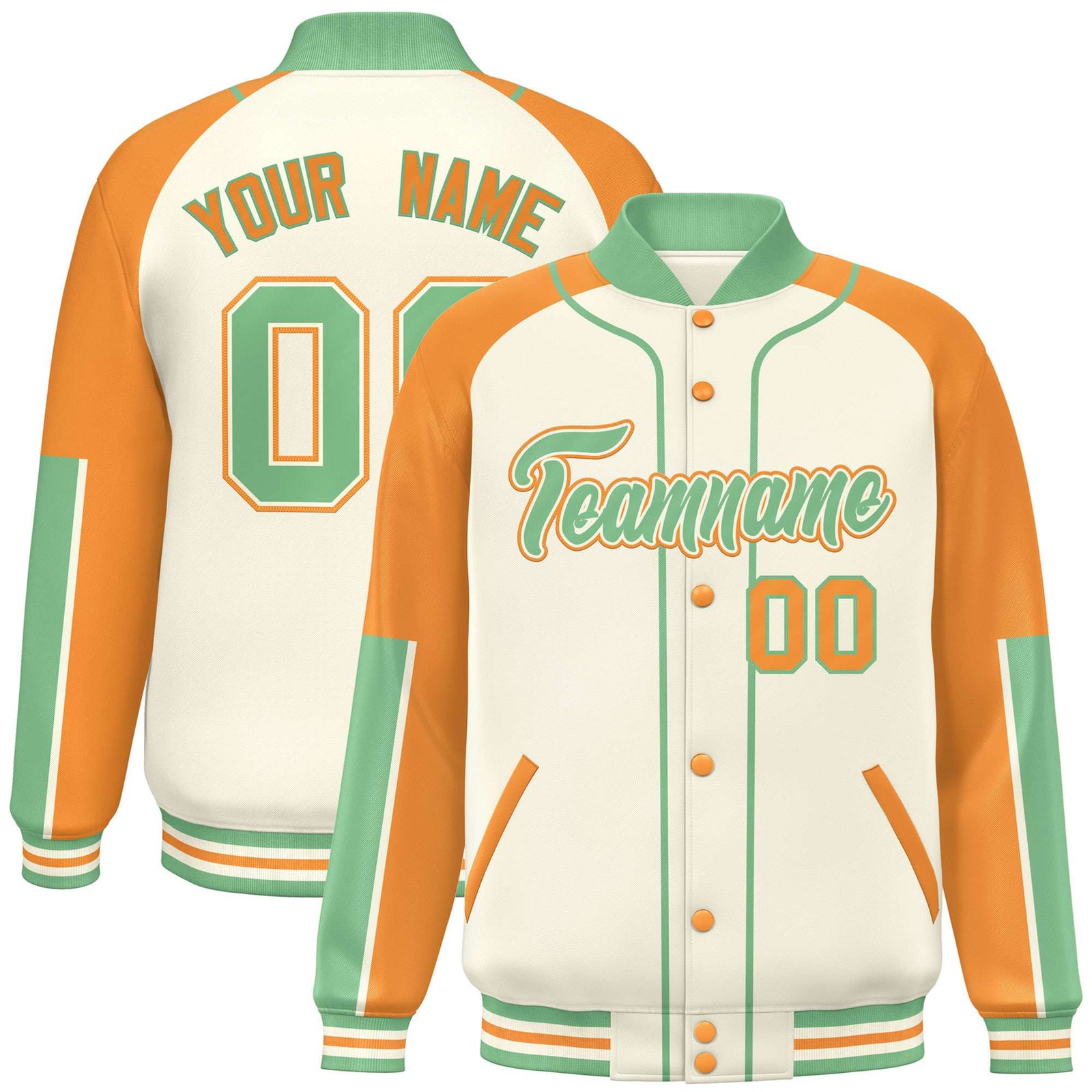 Custom Cream Yellow-Bright green Varsity Full-Snap Color Block Letterman Jacket
