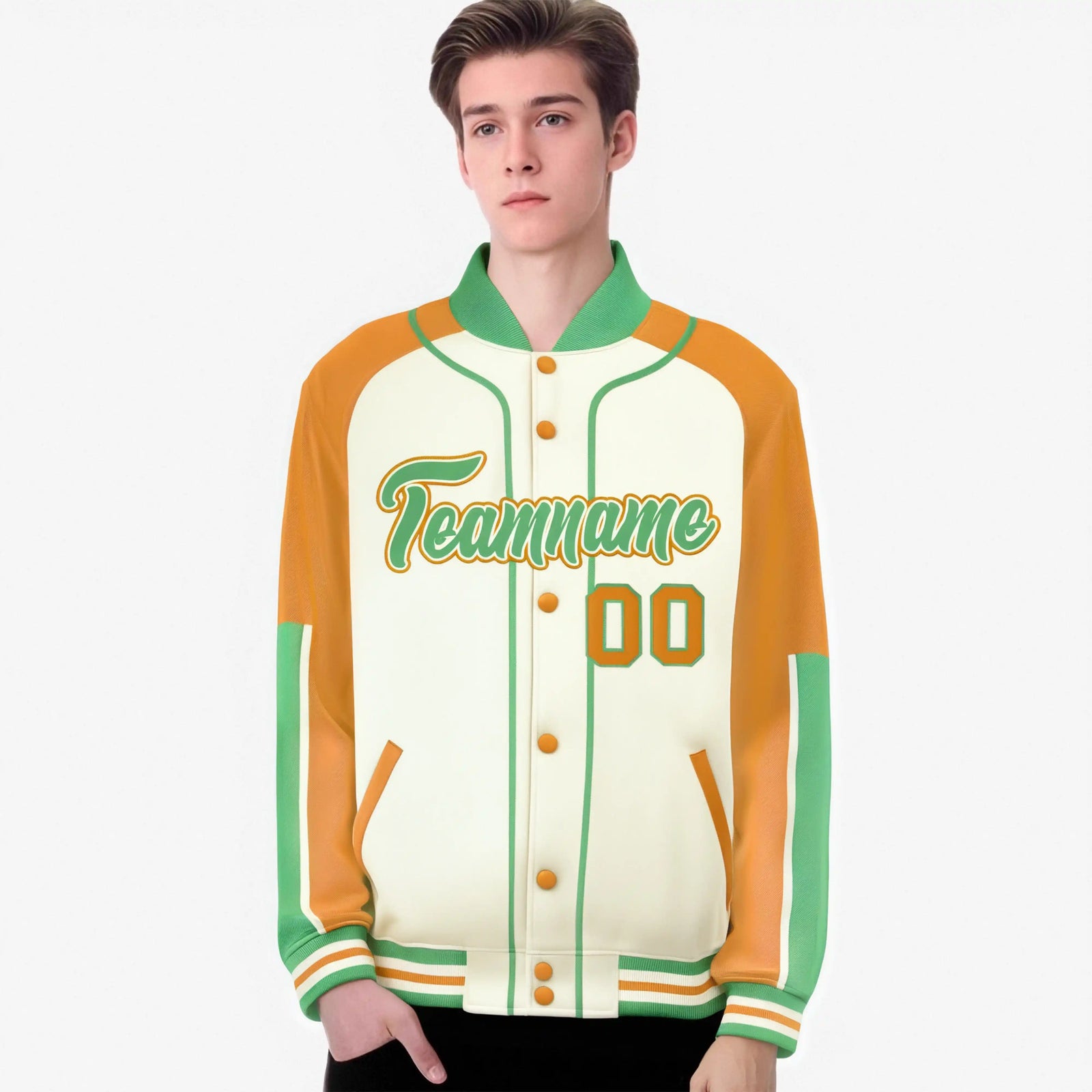 Custom Cream Yellow-Bright green Varsity Full-Snap Color Block Letterman Jacket