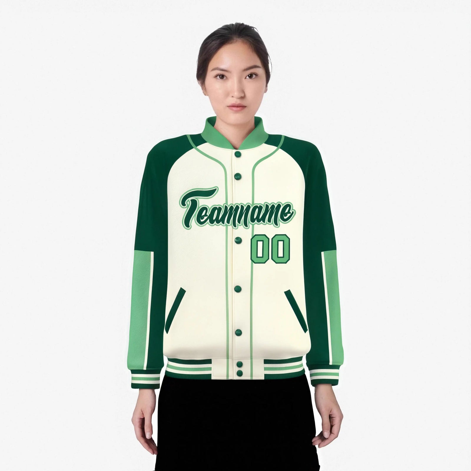 Custom Cream Green-Bright green Varsity Full-Snap Color Block Letterman Jacket