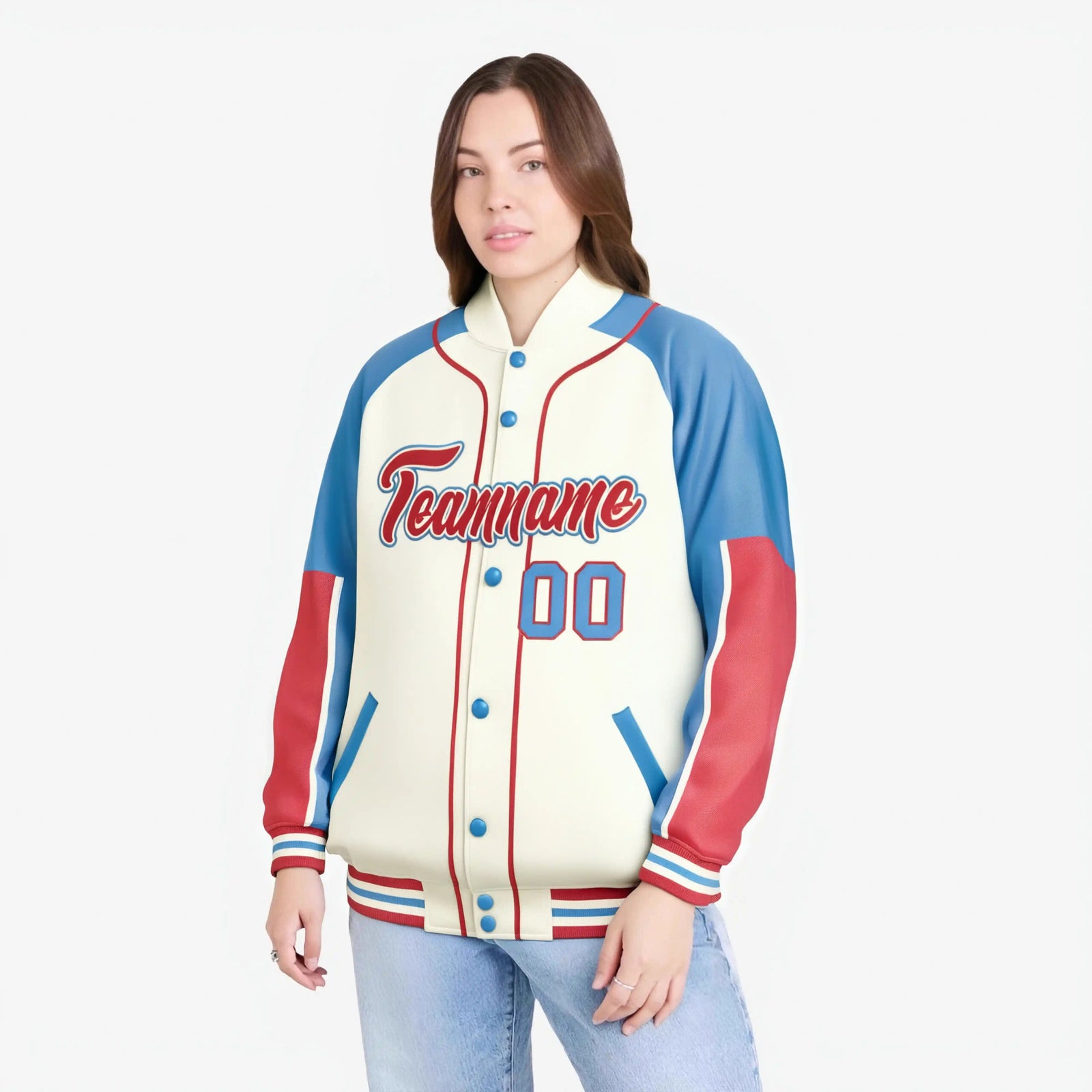 Custom Cream Light Blue-Light Red Varsity Full-Snap Color Block Letterman Jacket