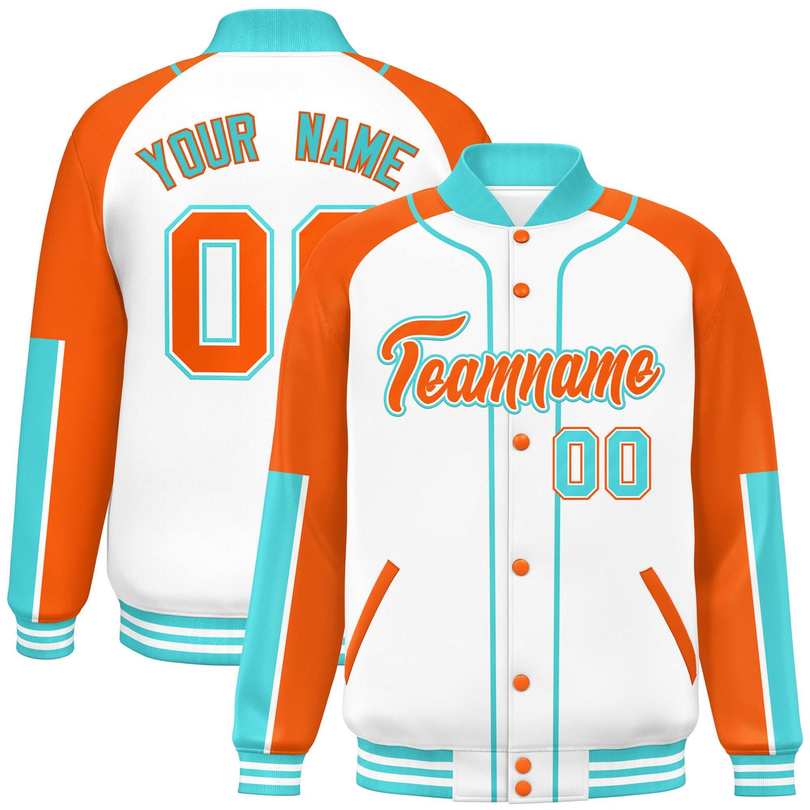Custom White Orange-Aqua Varsity Full-Snap Color Block Letterman Jacket