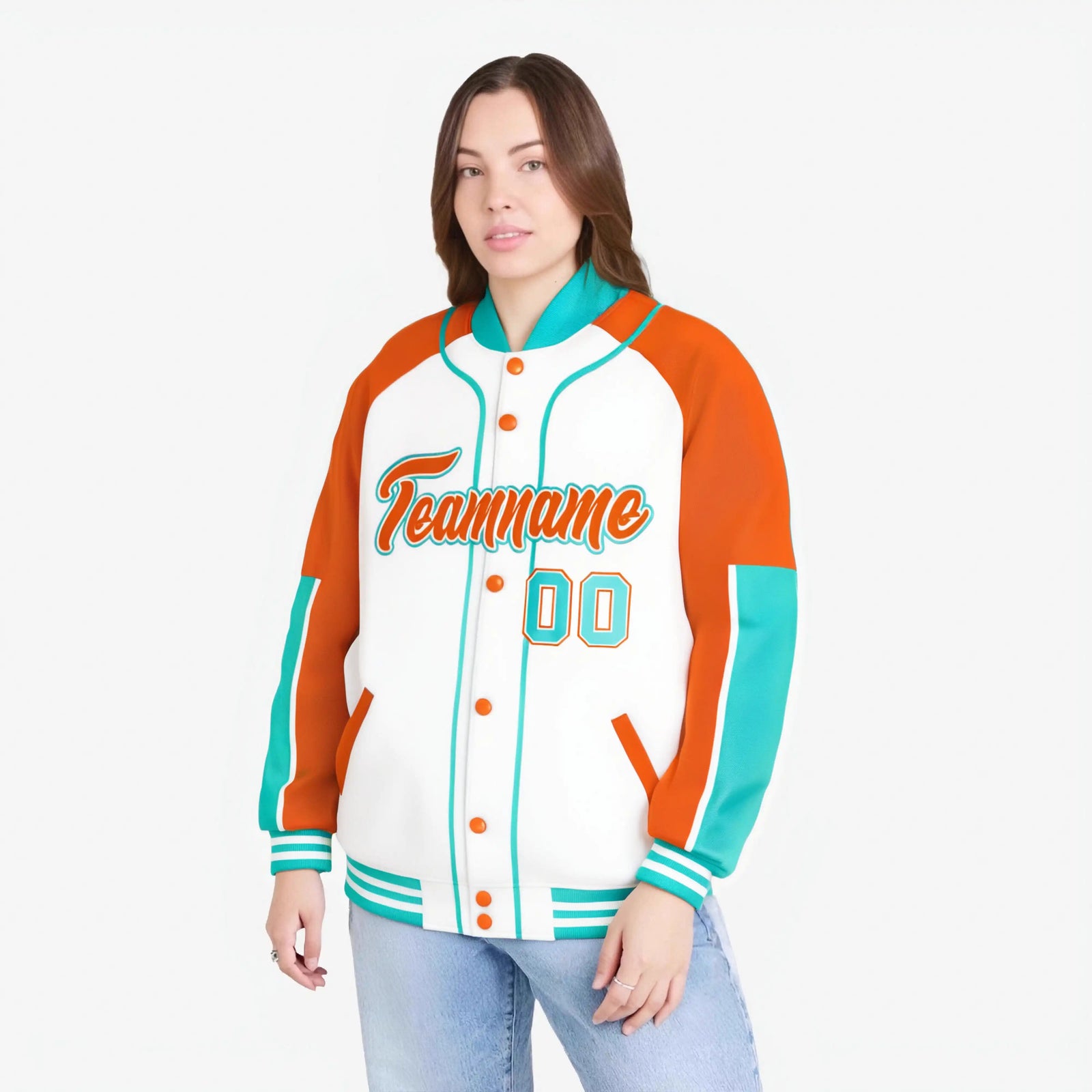 Custom White Orange-Aqua Varsity Full-Snap Color Block Letterman Jacket