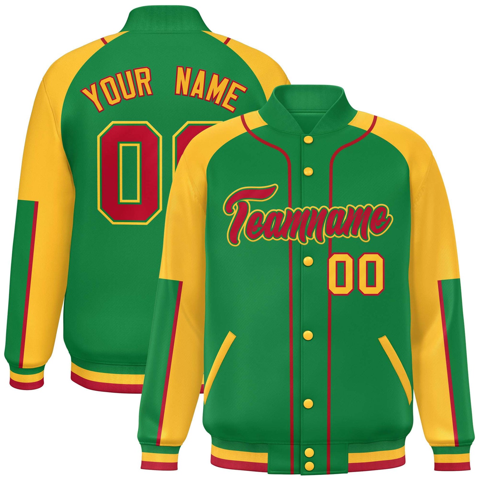 Custom Kelly Green Gold-Kelly Green Varsity Full-Snap Color Block Letterman Jacket