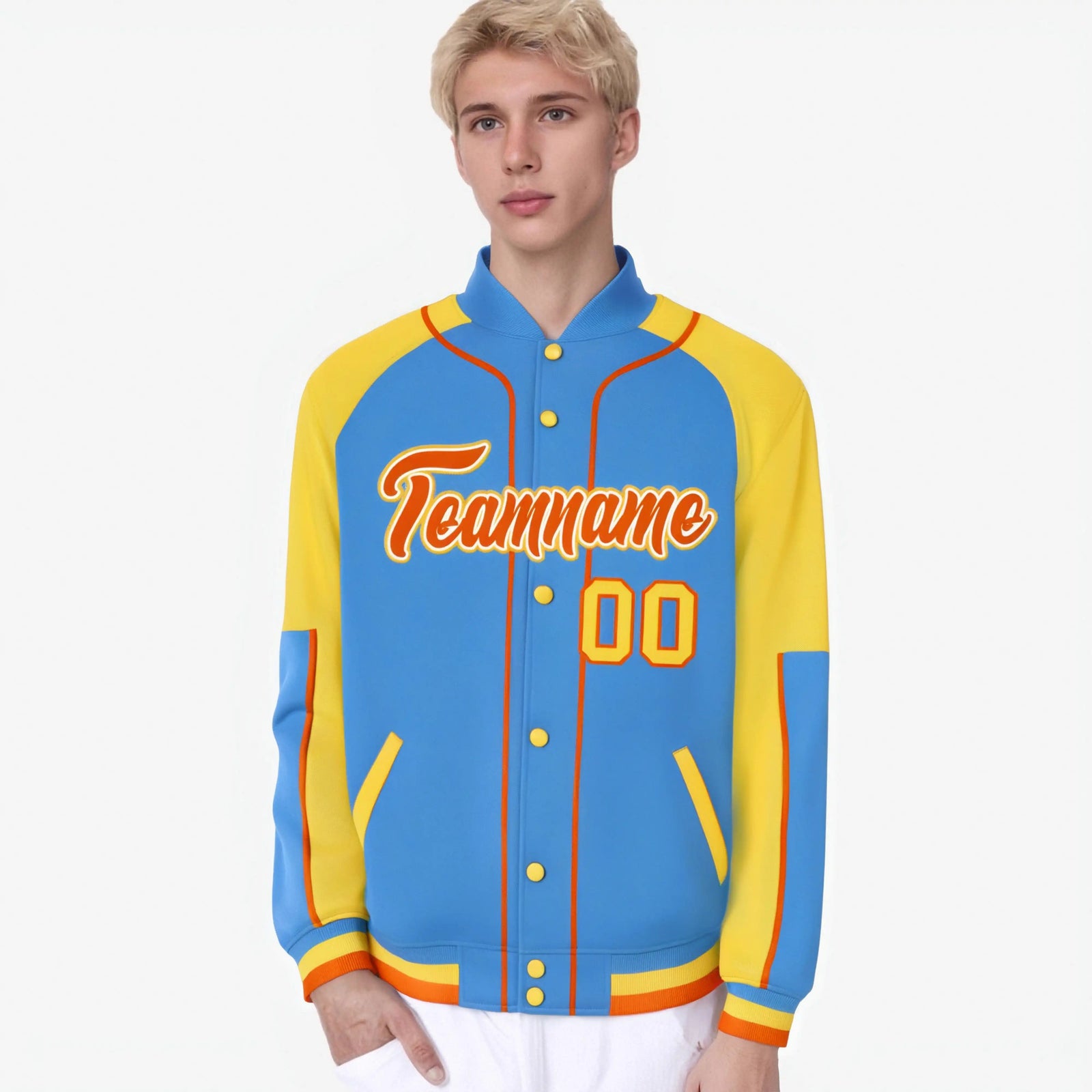 Custom Powder Blue Gold-Powder Blue Varsity Full-Snap Color Block Letterman Jacket