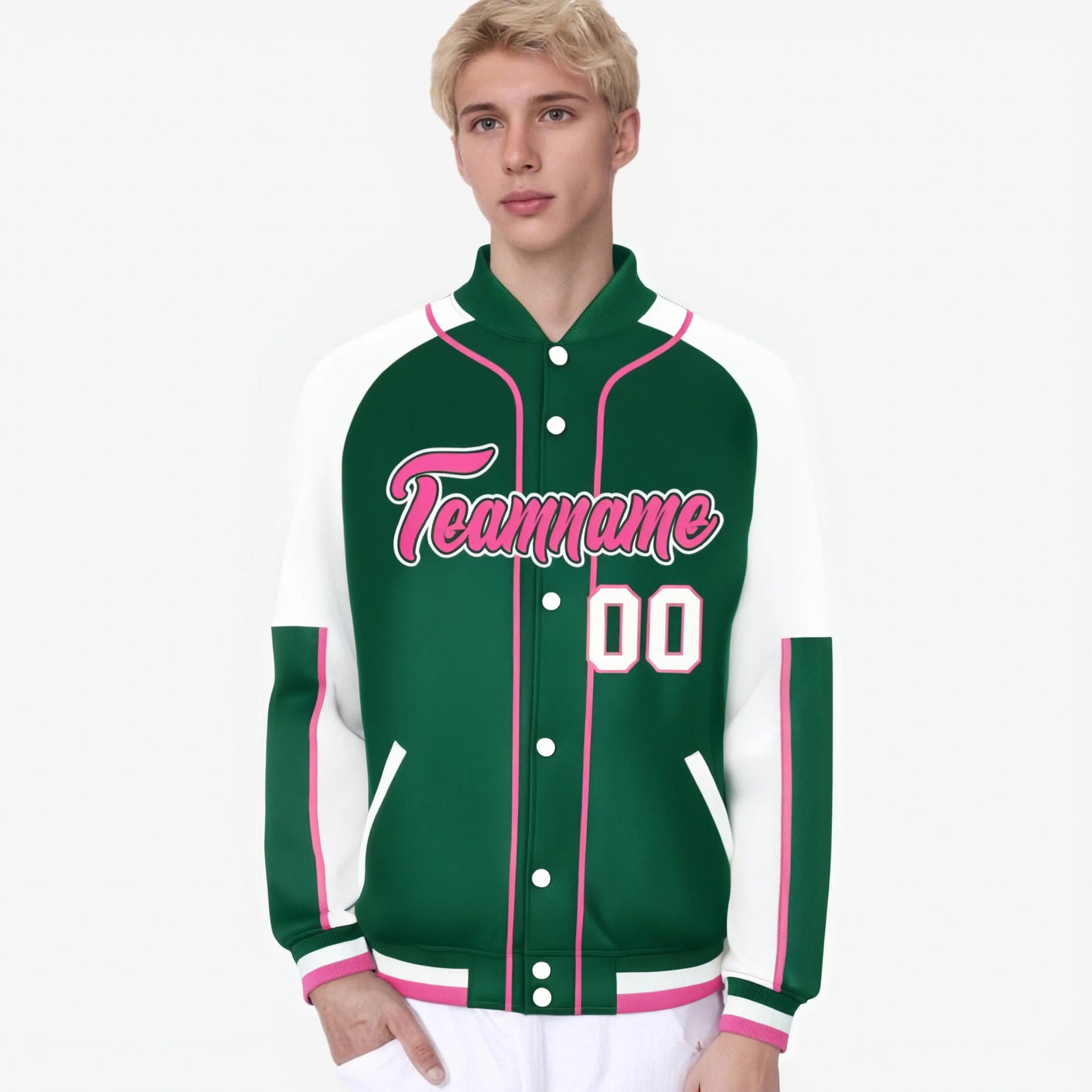 Custom Green White-Green Varsity Full-Snap Color Block Letterman Jacket