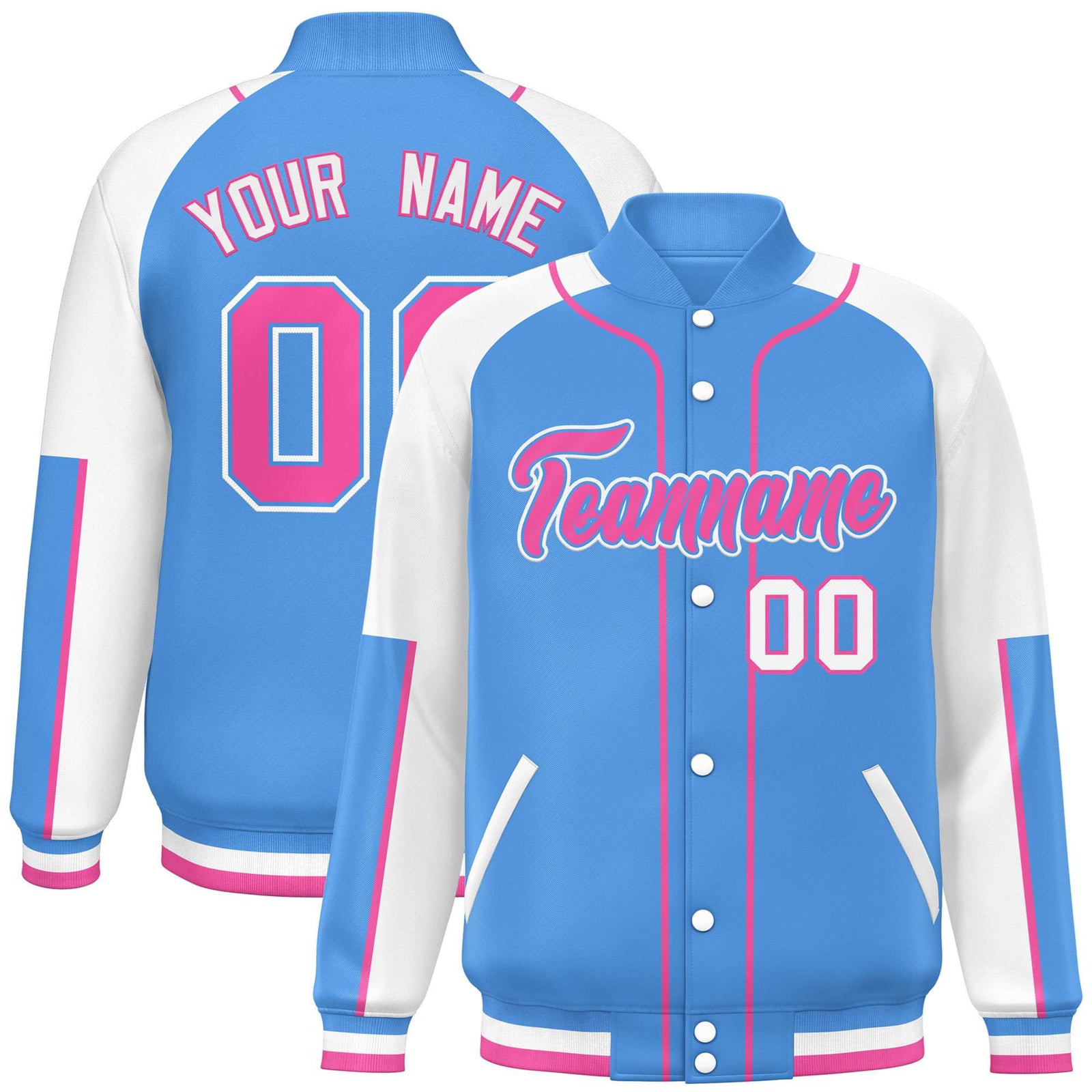 Custom Powder Blue White-Powder Blue Varsity Full-Snap Color Block Letterman Jacket