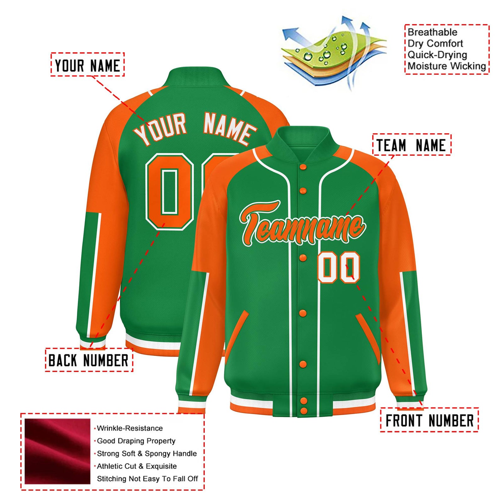 Custom Kelly Green Orange-Kelly Green Varsity Full-Snap Color Block Letterman Jacket