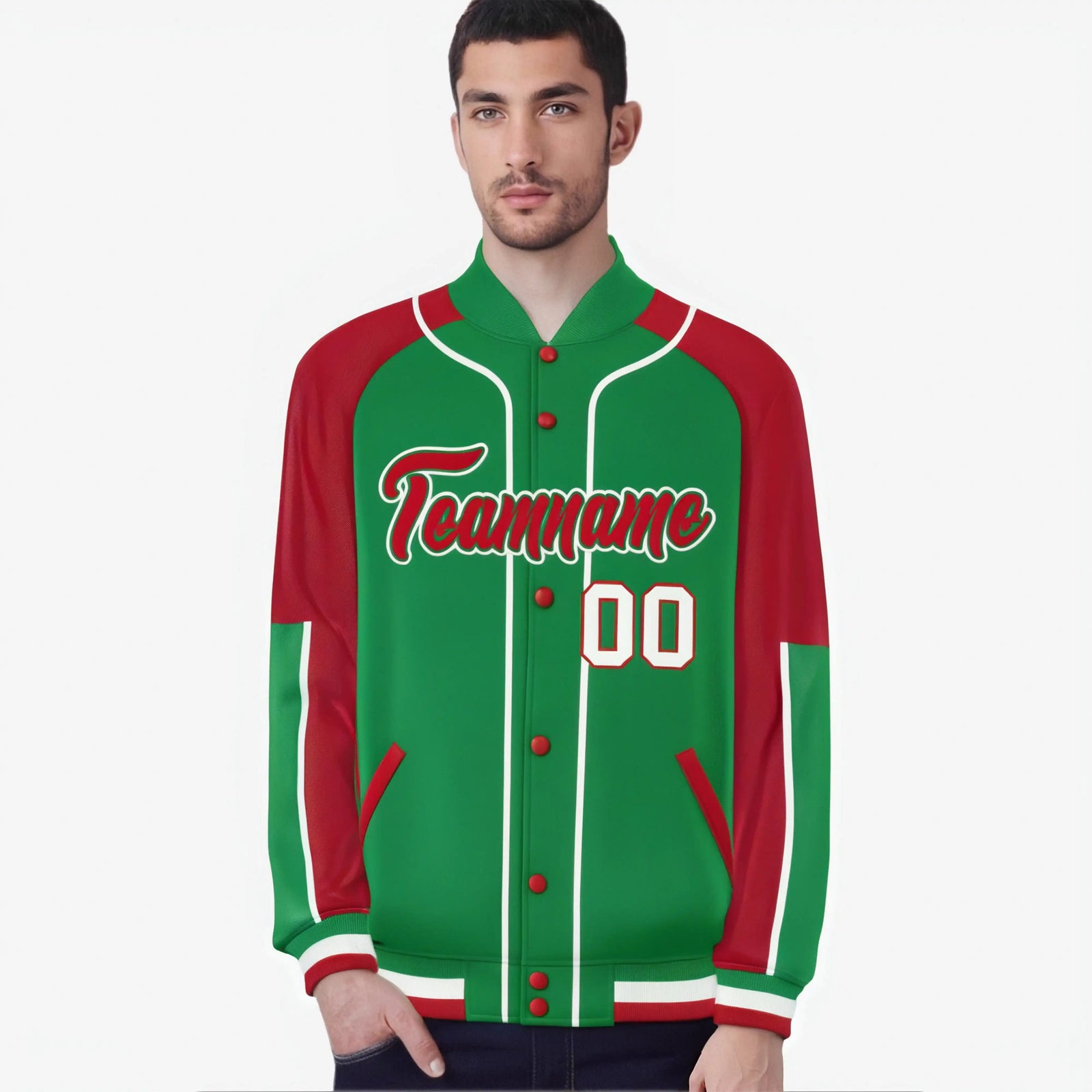 Custom Kelly Green Red-Kelly Green Varsity Full-Snap Color Block Letterman Jacket