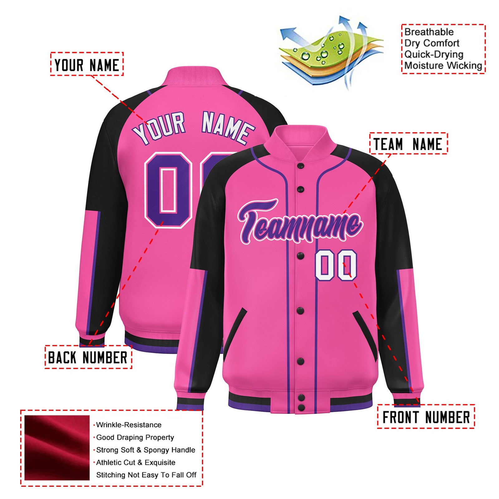 Custom Pink Black-Pink Varsity Full-Snap Color Block Letterman Jacket