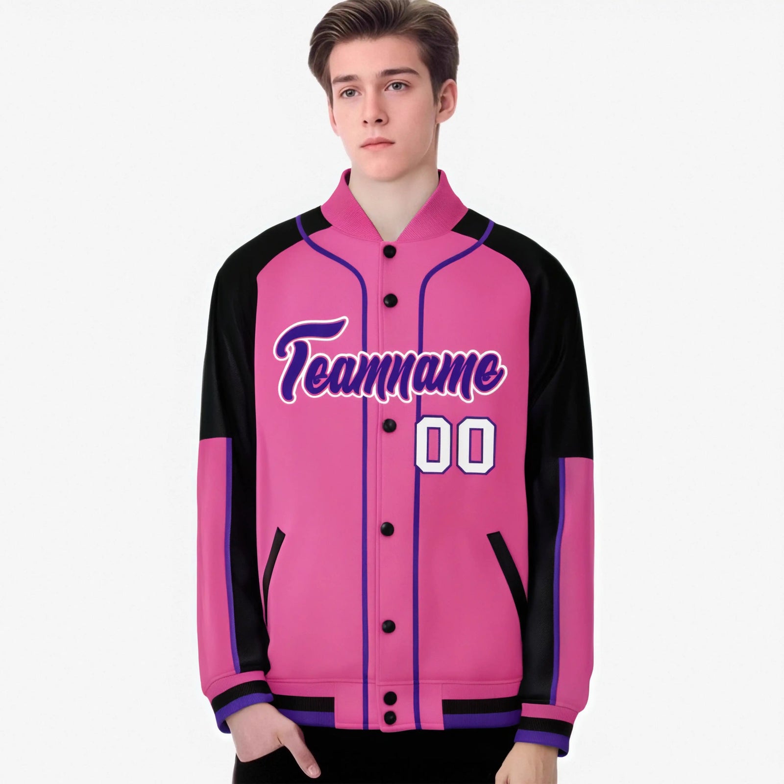 Custom Pink Black-Pink Varsity Full-Snap Color Block Letterman Jacket