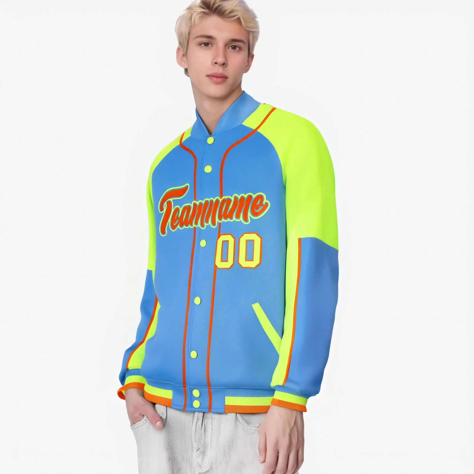 Custom Powder Blue Fluorescent Green-Powder Blue Varsity Full-Snap Color Block Letterman Jacket