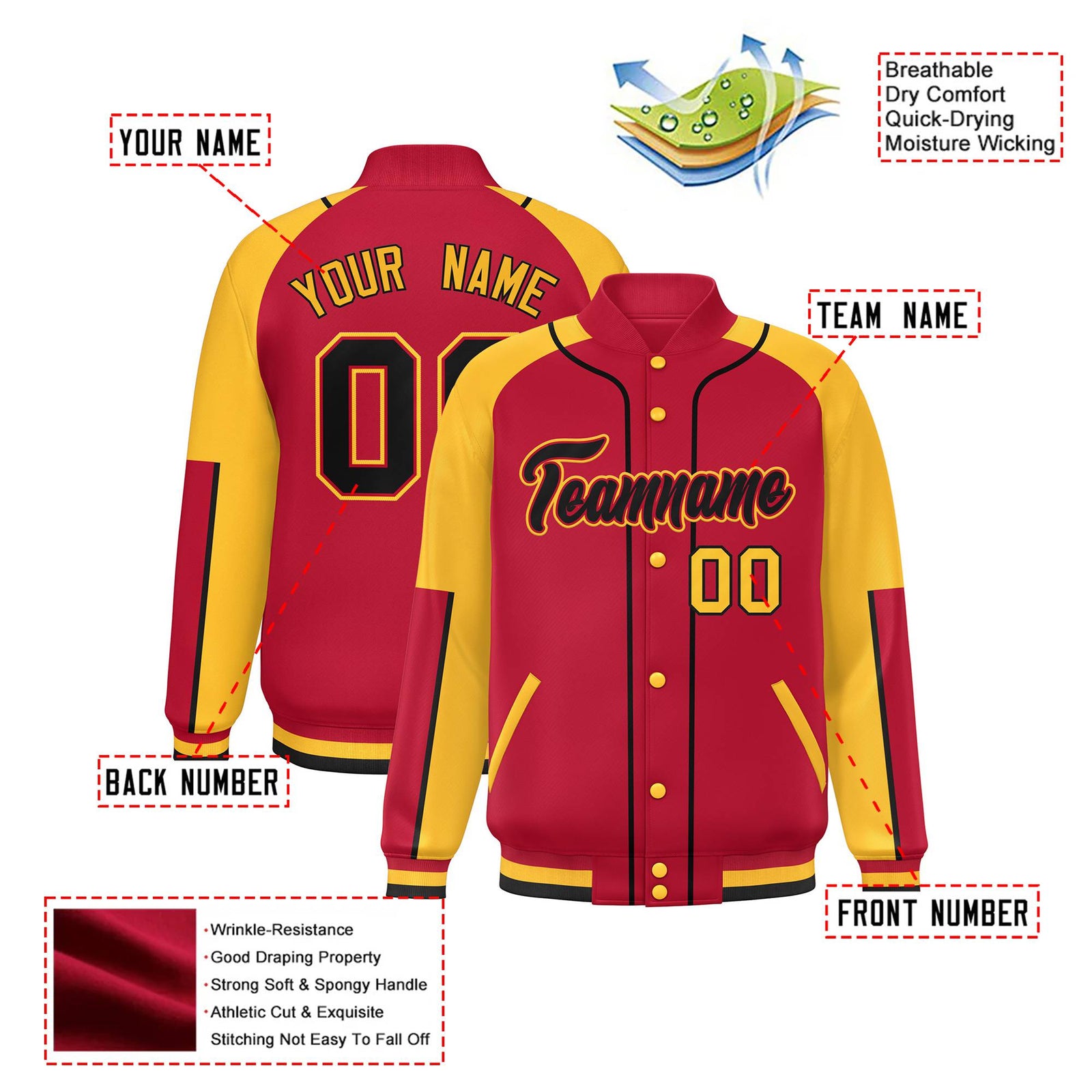 Custom Red Yellow-Red Varsity Full-Snap Color Block Letterman Jacket