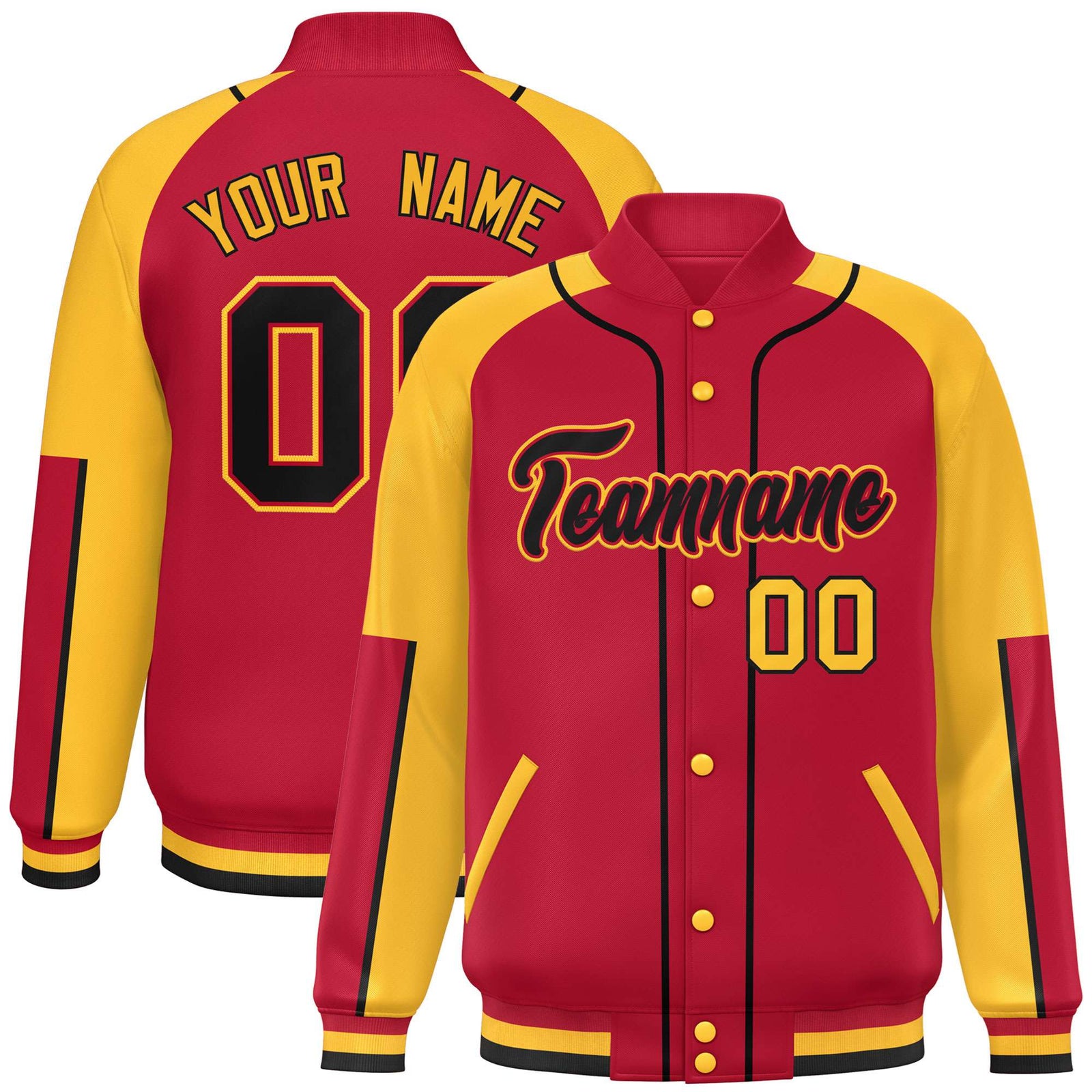 Custom Red Yellow-Red Varsity Full-Snap Color Block Letterman Jacket