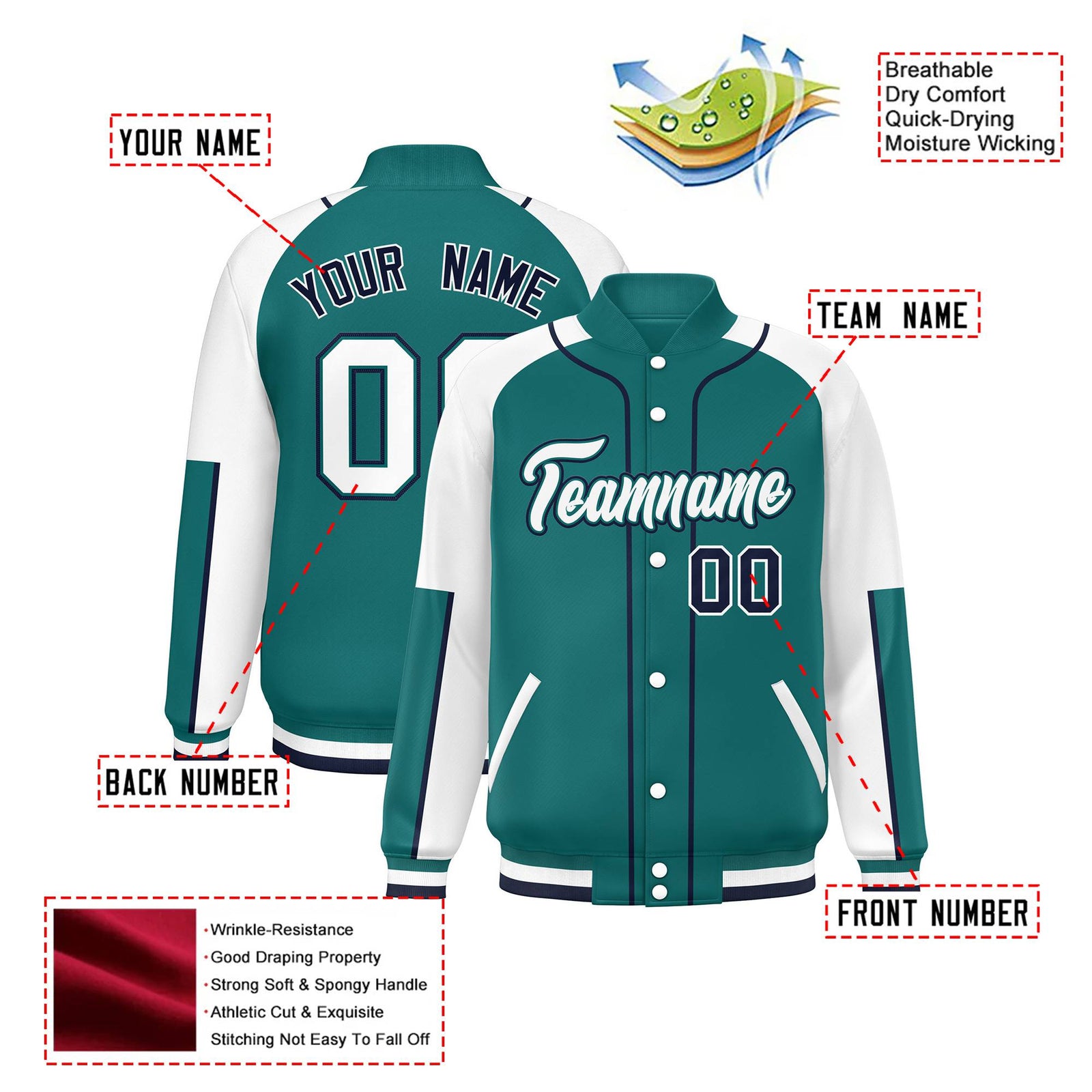 Custom Aqua White-Aqua Varsity Full-Snap Color Block Letterman Jacket