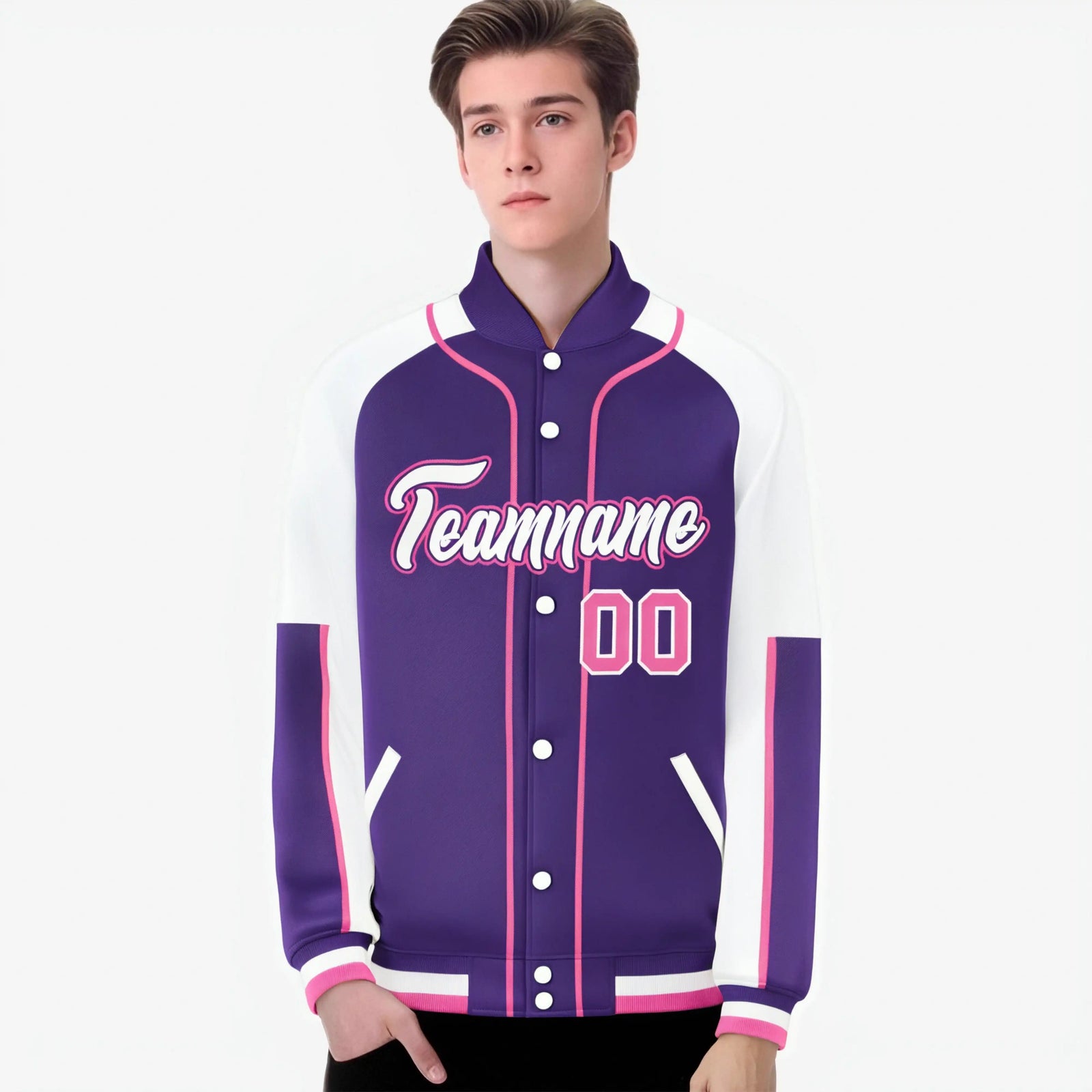 Custom Purple White-Purple Varsity Full-Snap Color Block Letterman Jacket