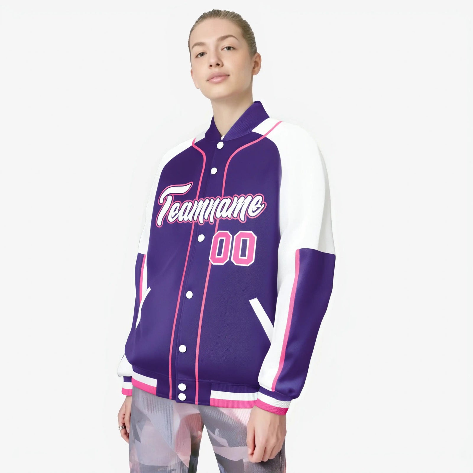 Custom Purple White-Purple Varsity Full-Snap Color Block Letterman Jacket