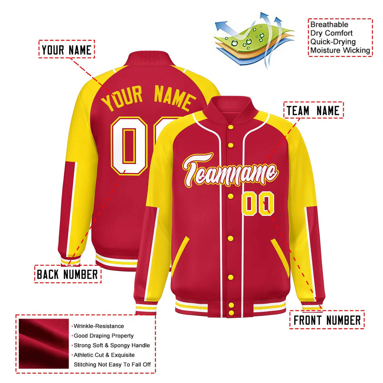 Custom Red Gold-Red Varsity Full-Snap Color Block Letterman Jacket