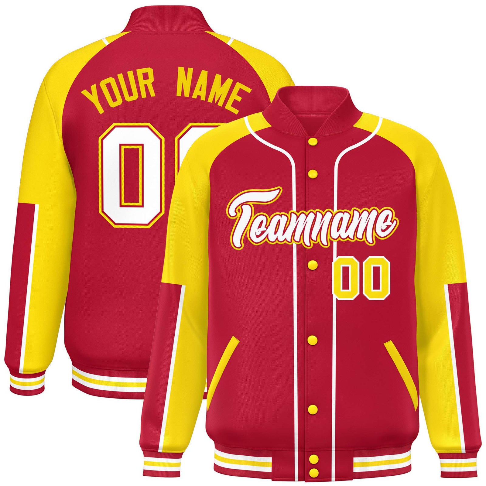 Custom Red Gold-Red Varsity Full-Snap Color Block Letterman Jacket